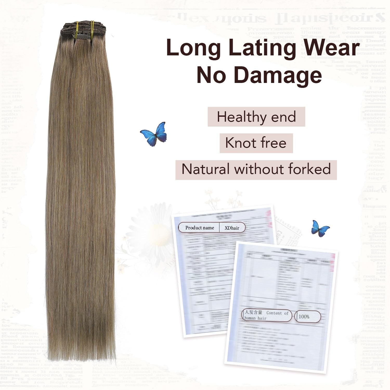 XDhair clip-in hair extensions in ash brown, straight 14-inch real human hair, 100g for natural, seamless volume and length.