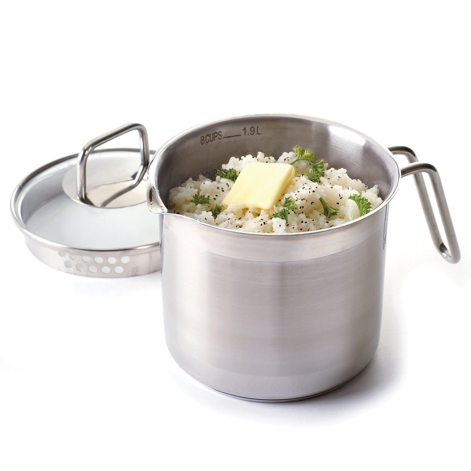 Norpro 8-cup stainless steel multi-pot with straining lid, featuring a polished finish and ergonomic handles for versatile cooking.