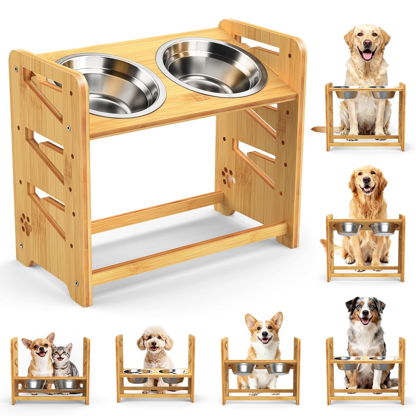 CozyLazy elevated dog bowl stand with adjustable height for large and medium dogs, featuring two stainless steel bowls and a sturdy frame.