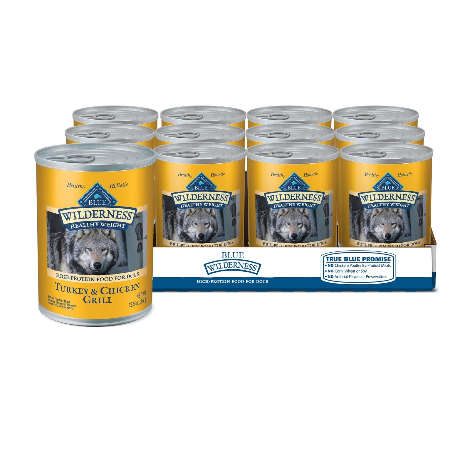 Blue Buffalo Wilderness Healthy Weight wet dog food can with turkey and chicken flavor, showing the open can and food inside
