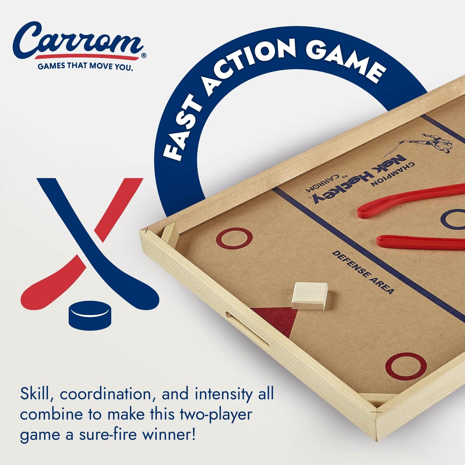 Carrom Champion Nok Hockey game on wooden board, standard size, designed for adults, featuring colorful hockey pucks and striker.