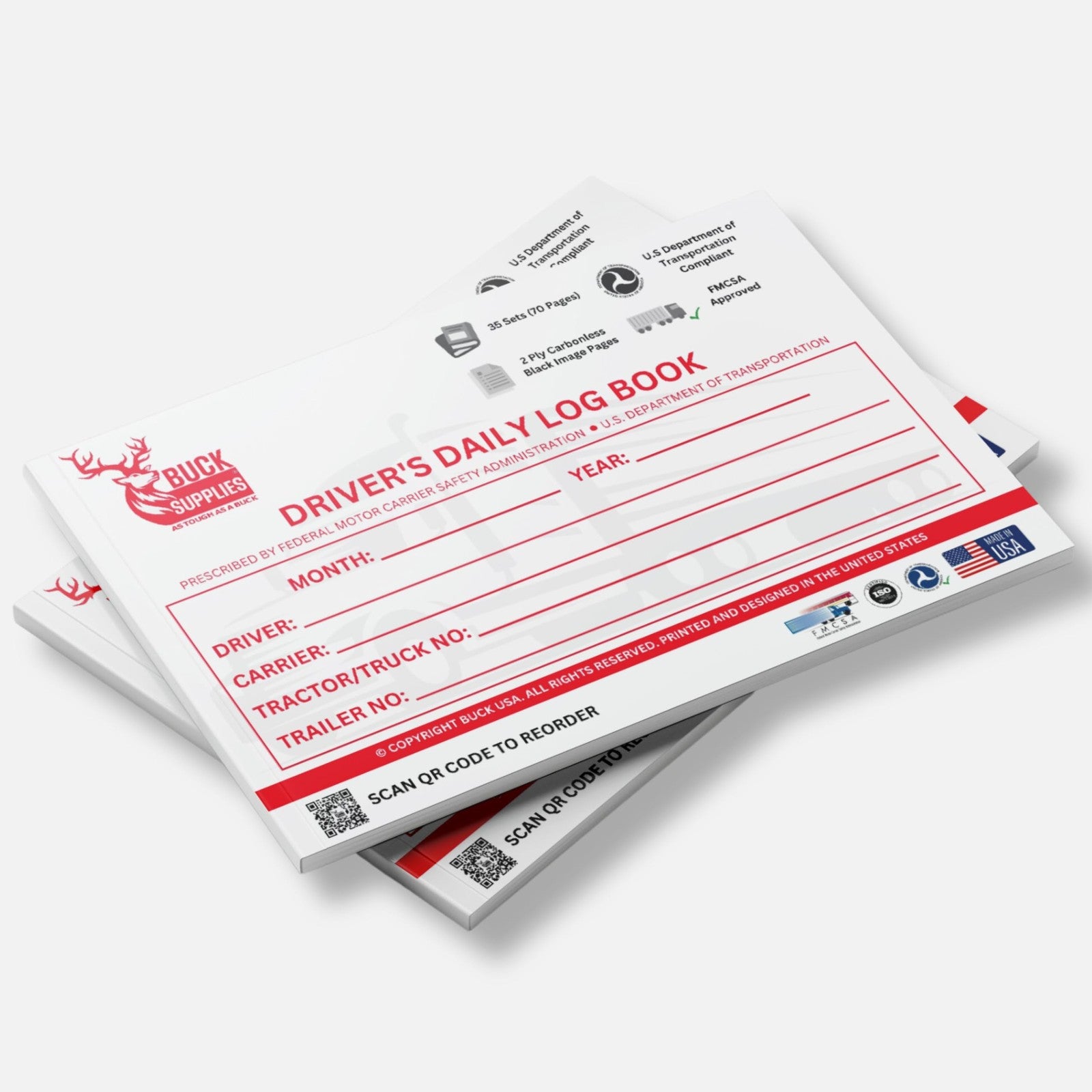 10-pack of Buck Tape truck driver daily log books with 7 and 8-day recaps, DOT compliant for professional trucking.
