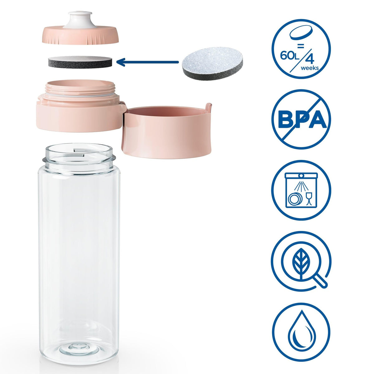 BRITA water filter bottle in apricot color with 600ml capacity and two microdisc filters, showing the portable design.