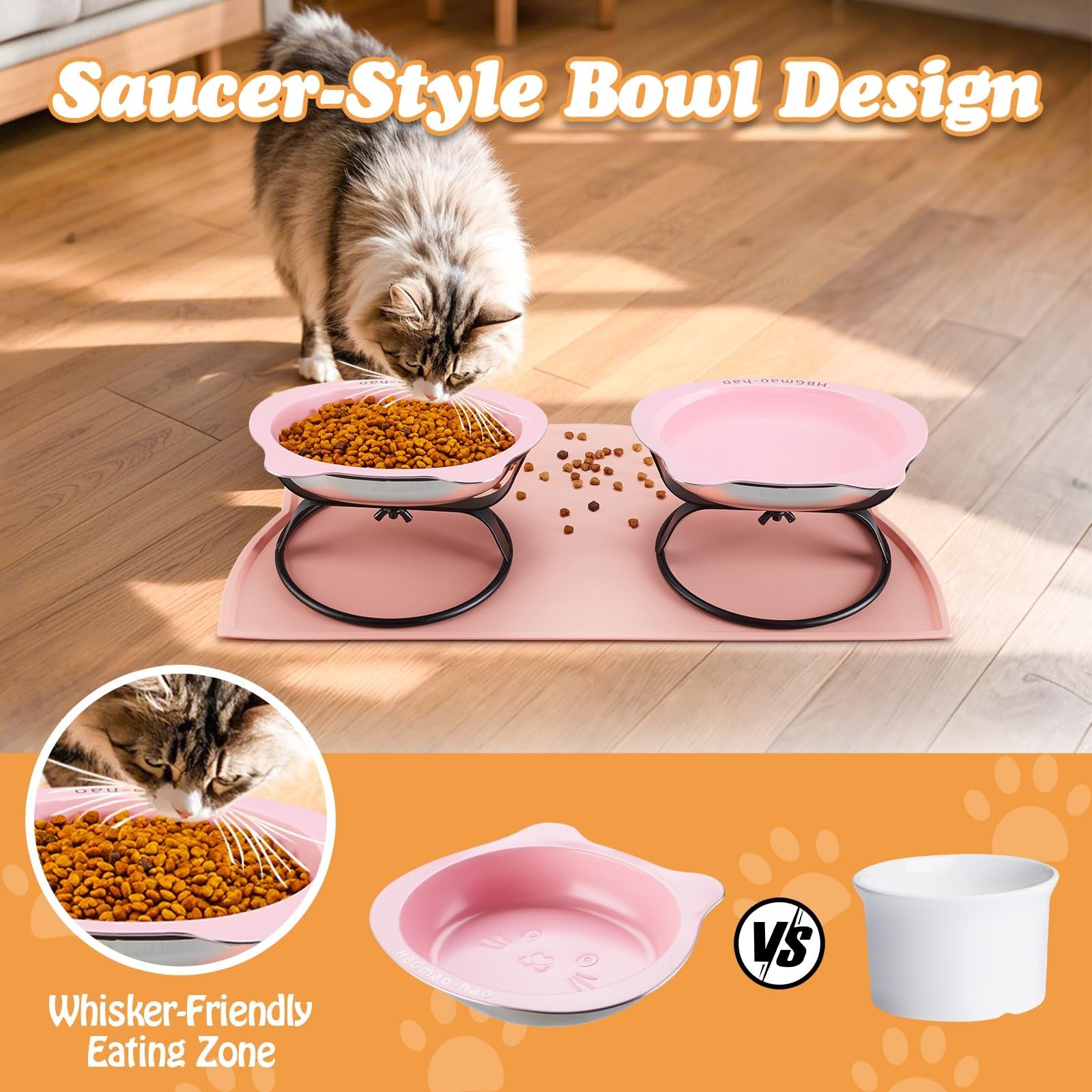 HBGmao-hao elevated cat bowls with stainless steel bowls, food mat, and metal stand, measuring 7.1 inches wide for easy feeding.
