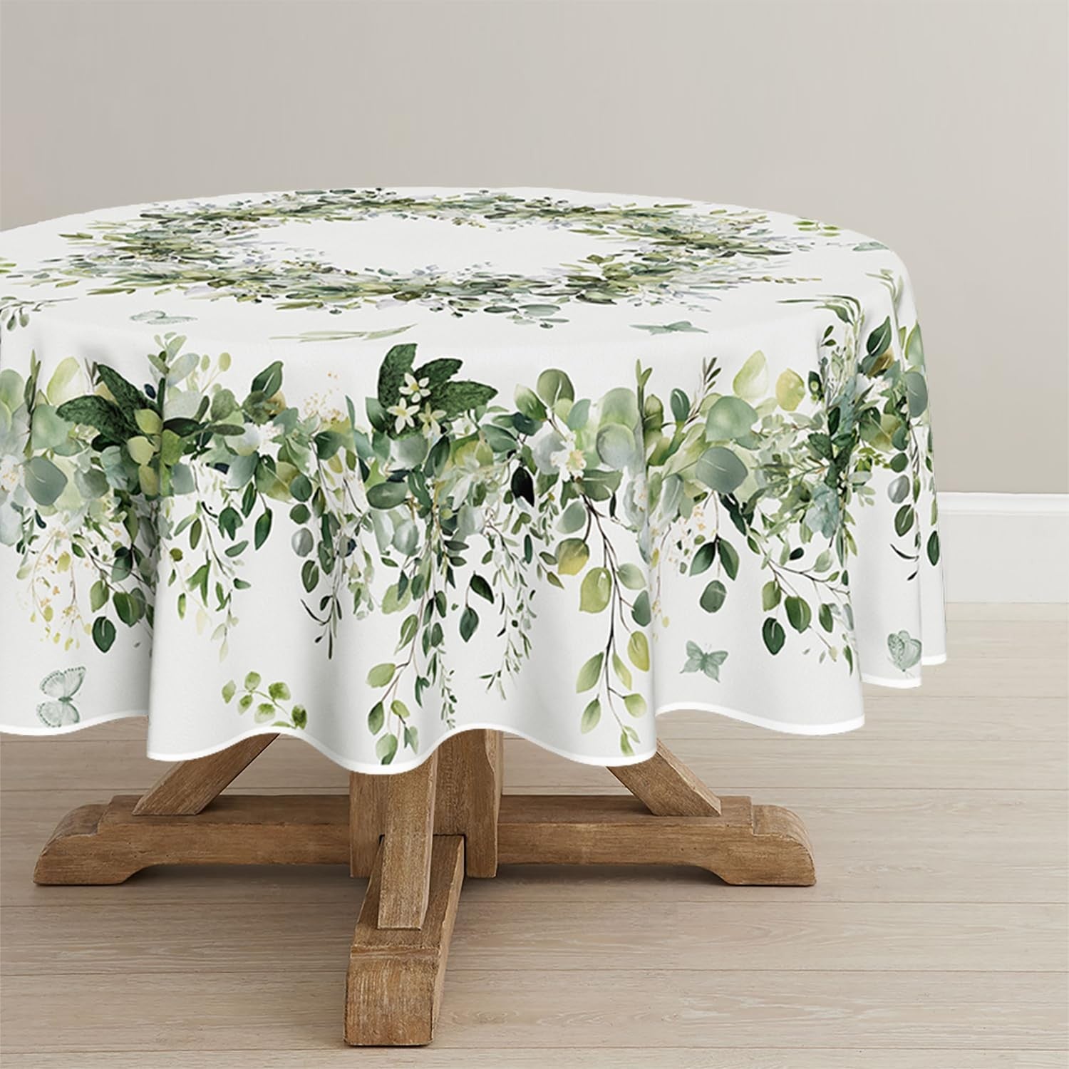 Horaldaily Spring round tablecloth in green eucalyptus print, 90x90 inches, washable seasonal fabric for dining tables