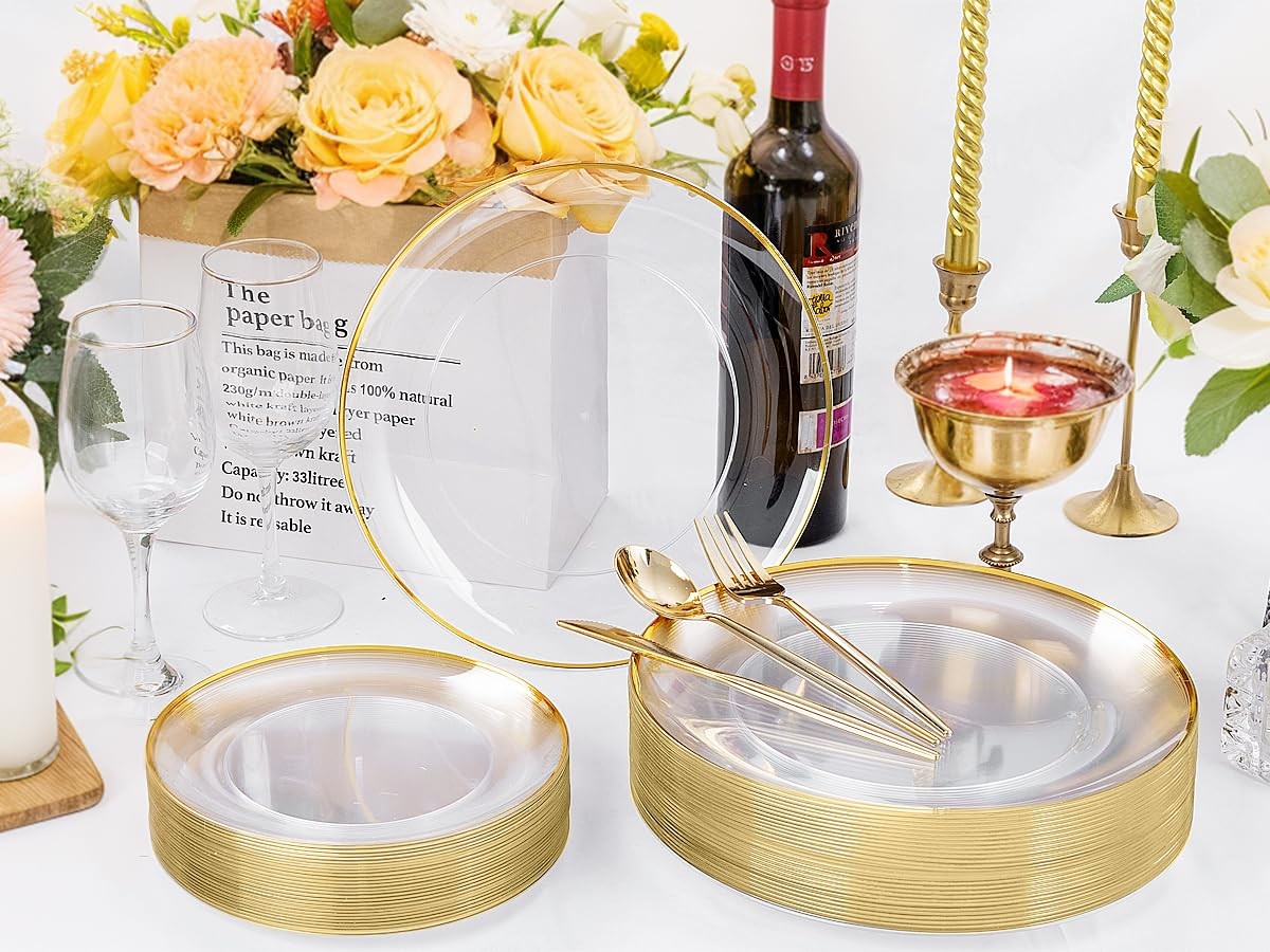 Ejonirinjonir EI 180pcs gold plastic plates set with clear and gold-trimmed design for parties and events
