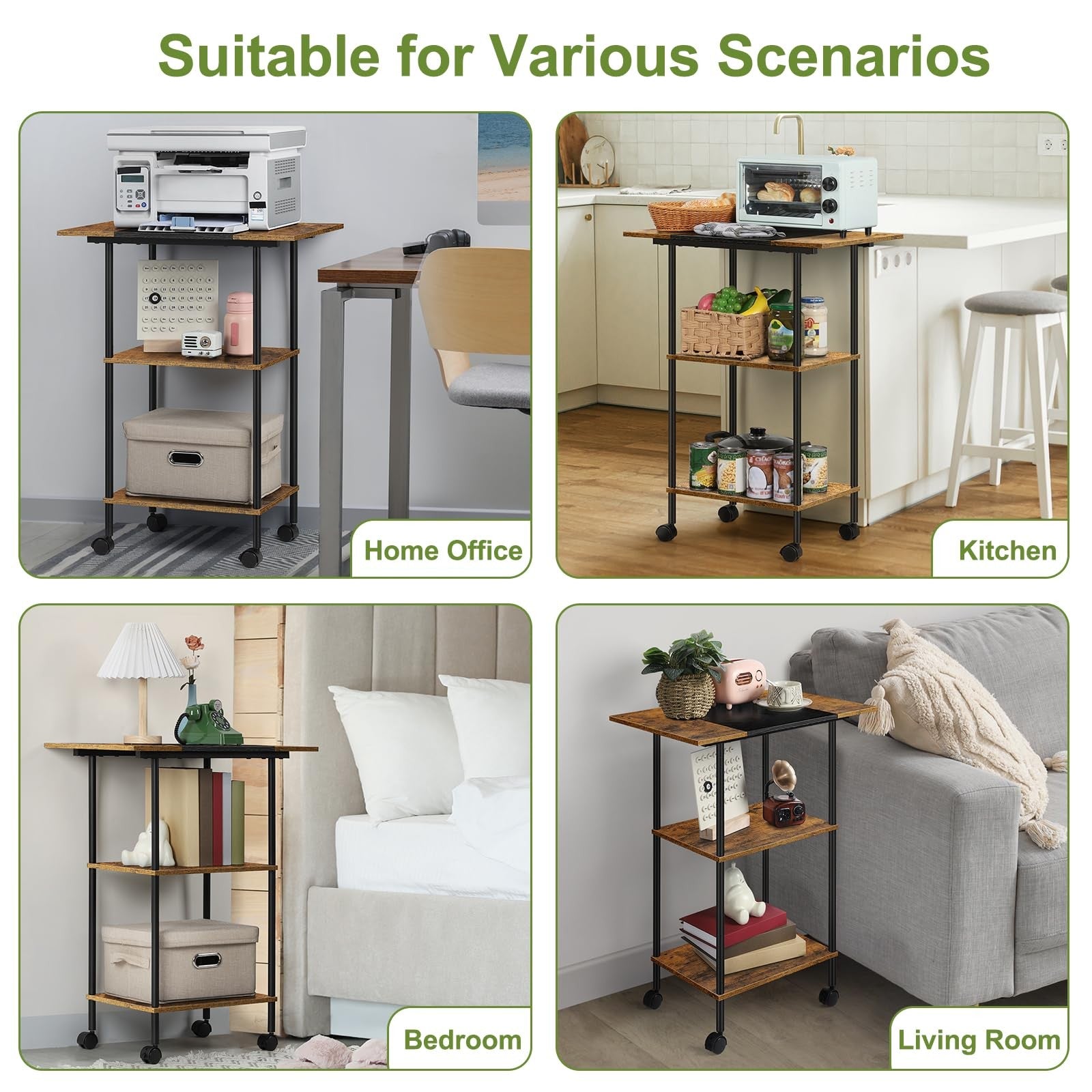 Shinoske 3-tier printer stand with storage and wheels, large home office table for printers and accessories, black finish