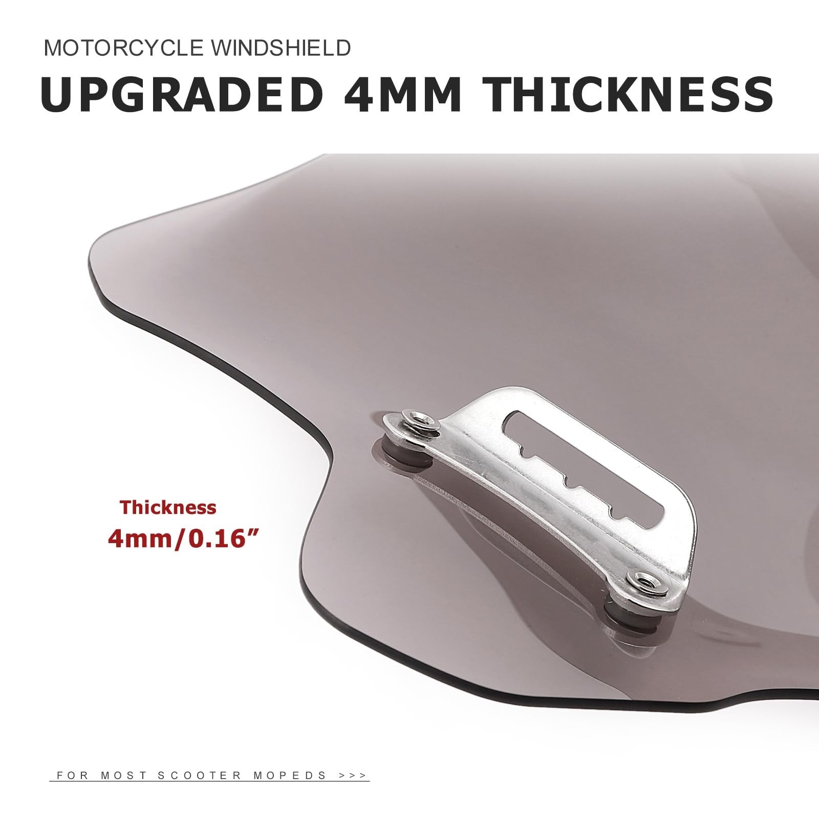 Mokuo universal motorcycle windshield in clear PC material, 4mm thickness, designed for upgrade and protection.