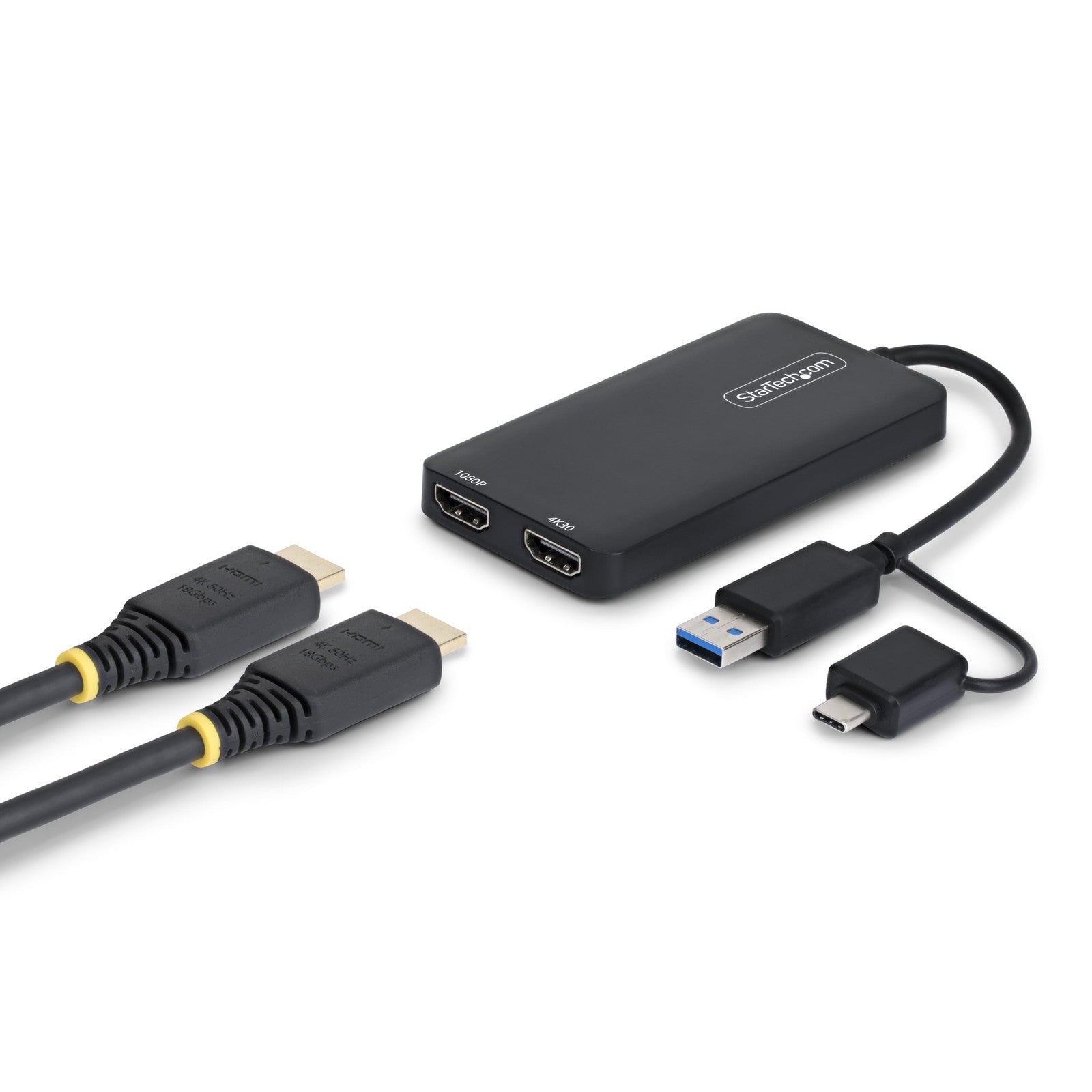 StarTech.com dual monitor adapter connected to MacBook showing dual screens on macOS, Windows, and ChromeOS systems.