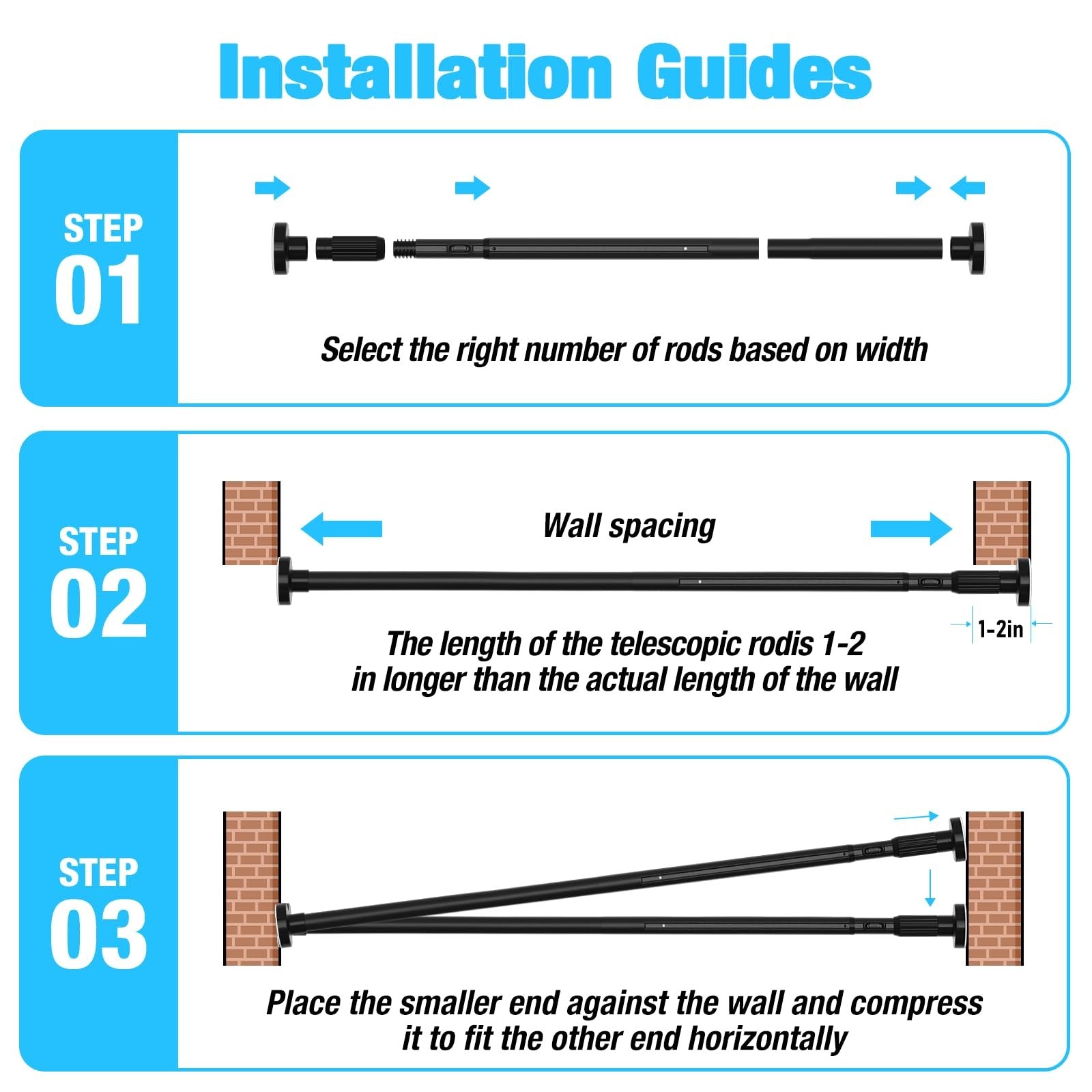 MEXAU black tension curtain rod for windows, adjustable 41-185 inches, heavy-duty metal with wall mounts and sleek finish