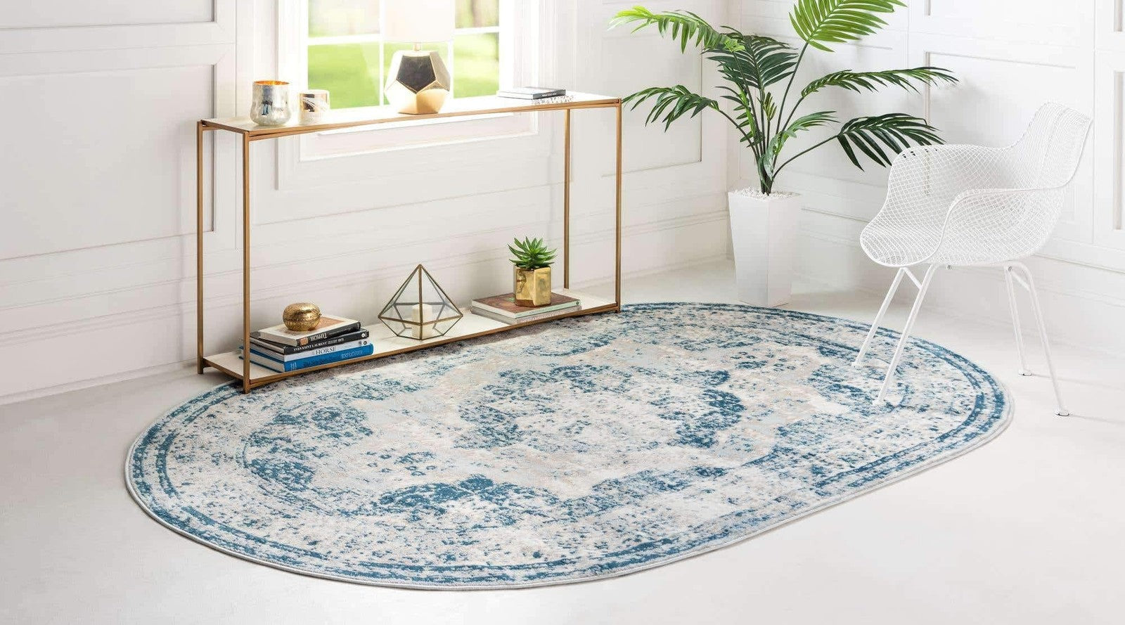 Unique Loom Sofia Collection oval area rug in Salle Garnier design, blue and ivory with intricate patterns.