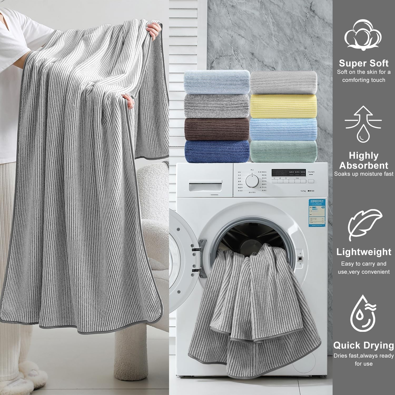 Set of four oversized Jessy Home bath towels, soft, fluffy, and plush, measuring 35x70 inches, ideal for luxurious bath time.