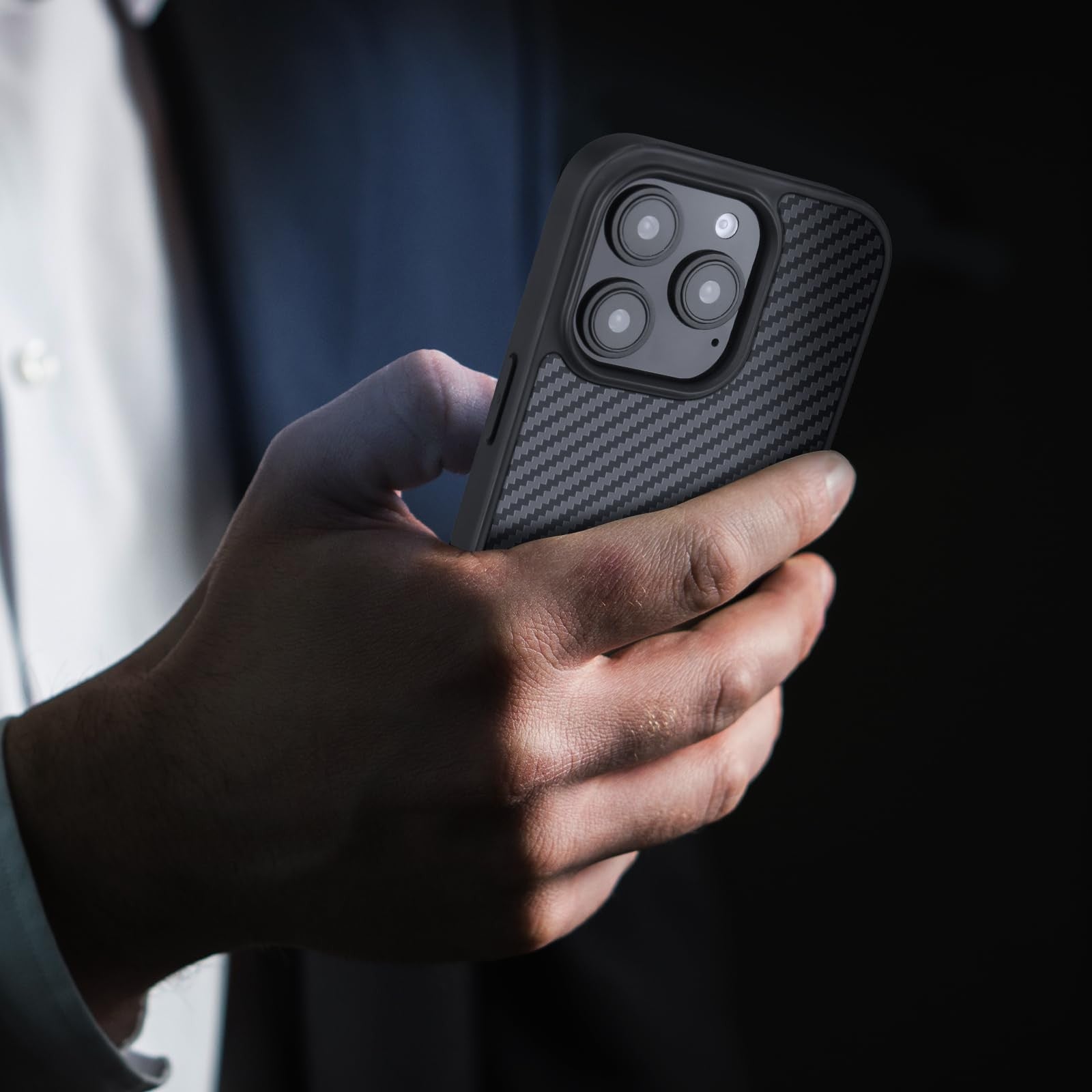 MONOCARBON iPhone 16 Pro Max carbon fiber case with military-grade protection, showcasing sleek 3K textured carbon fiber surface.