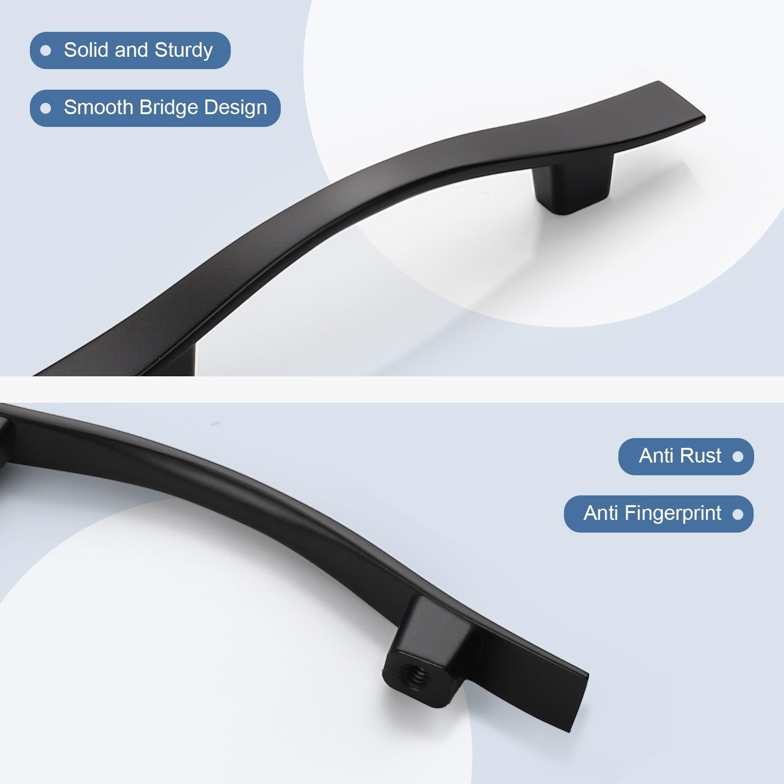 Set of 10 Knobonly matte black 3-inch cabinet handles with 76mm hole centers, ideal for drawers and cabinets.