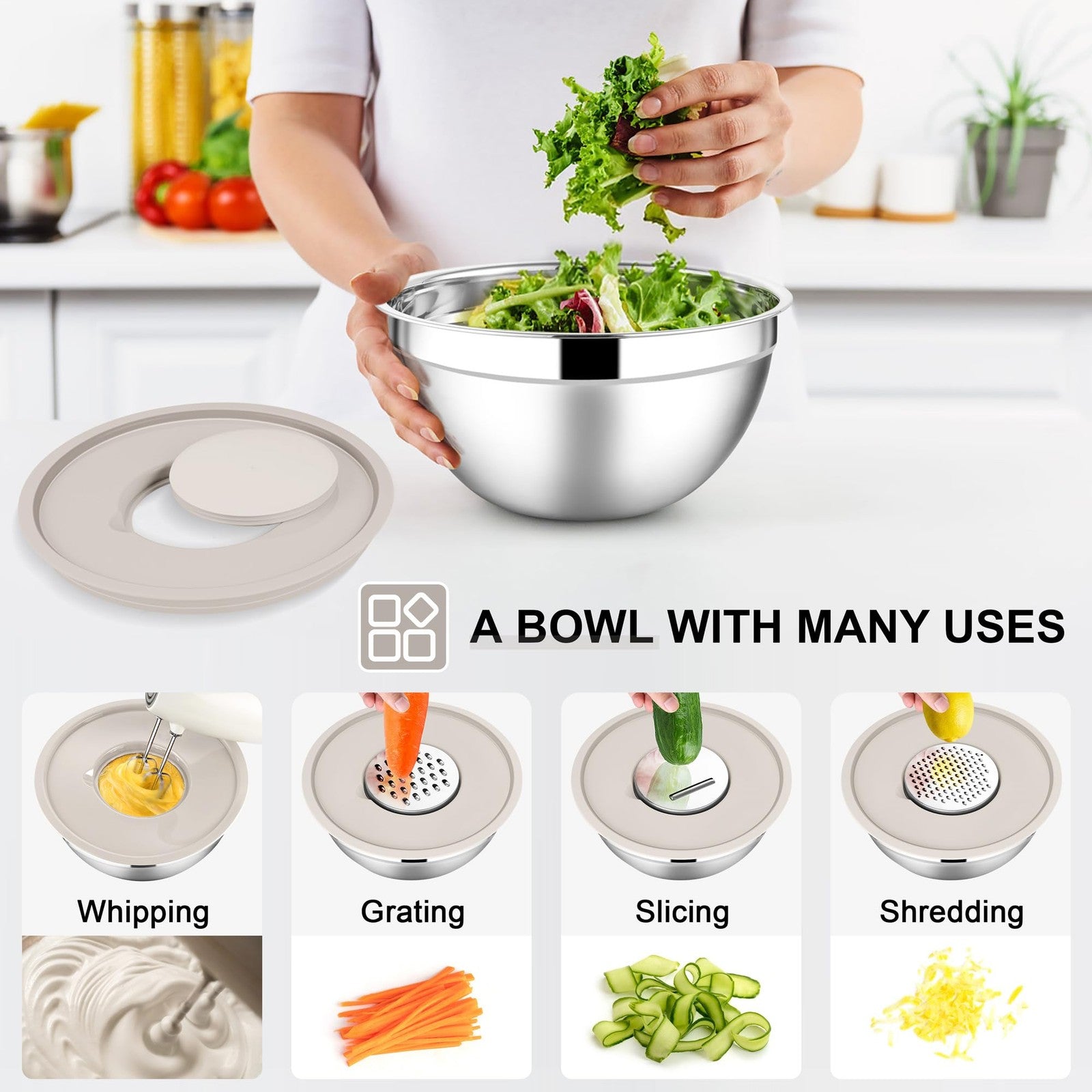 Set of 21 stainless steel E-far mixing bowls with lids, various sizes for salad prep and cooking, stacked and arranged on a kitchen counter.