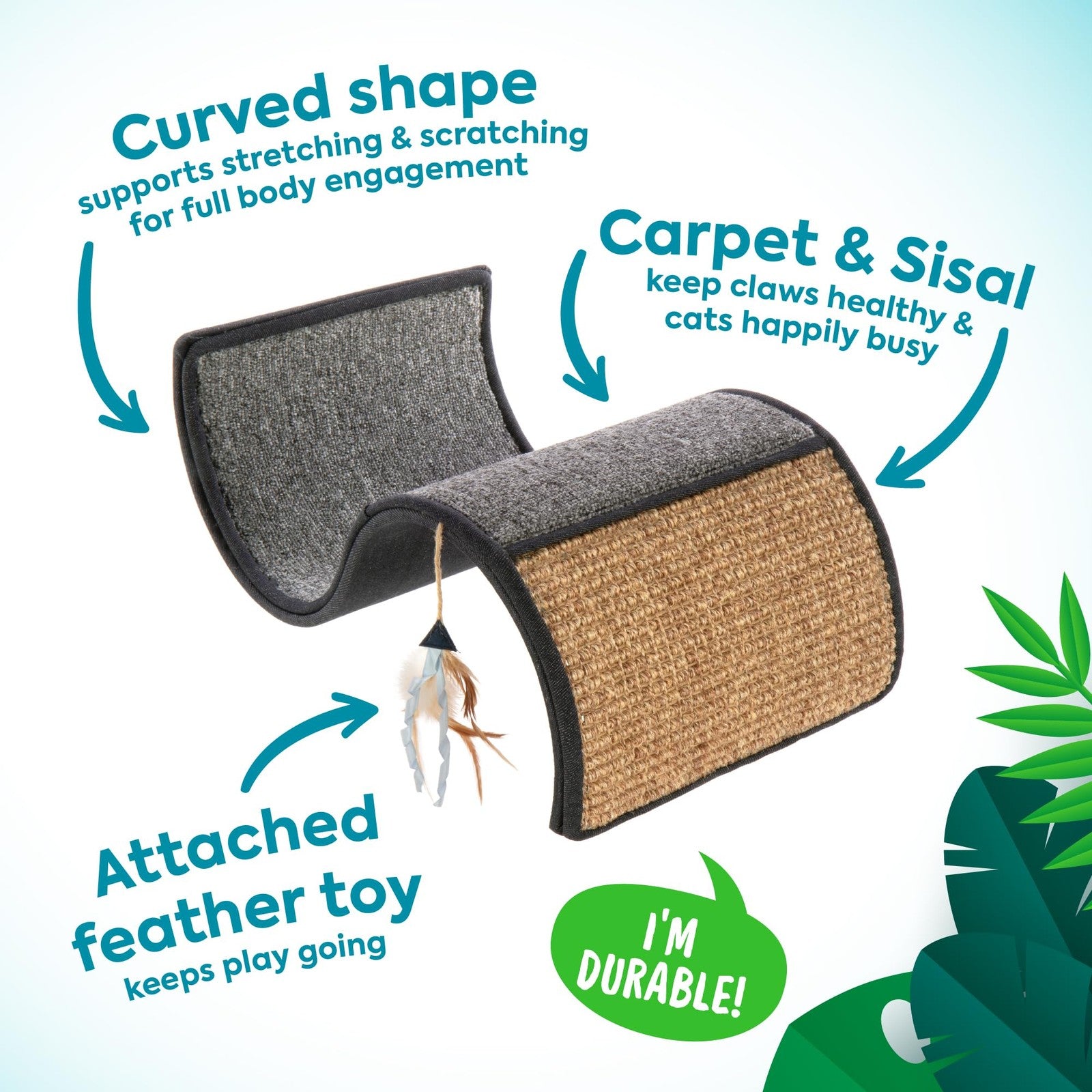 Petlinks Dream Curl carpet cat scratcher with dual sisal surfaces and lounge area, infused with catnip for feline entertainment.