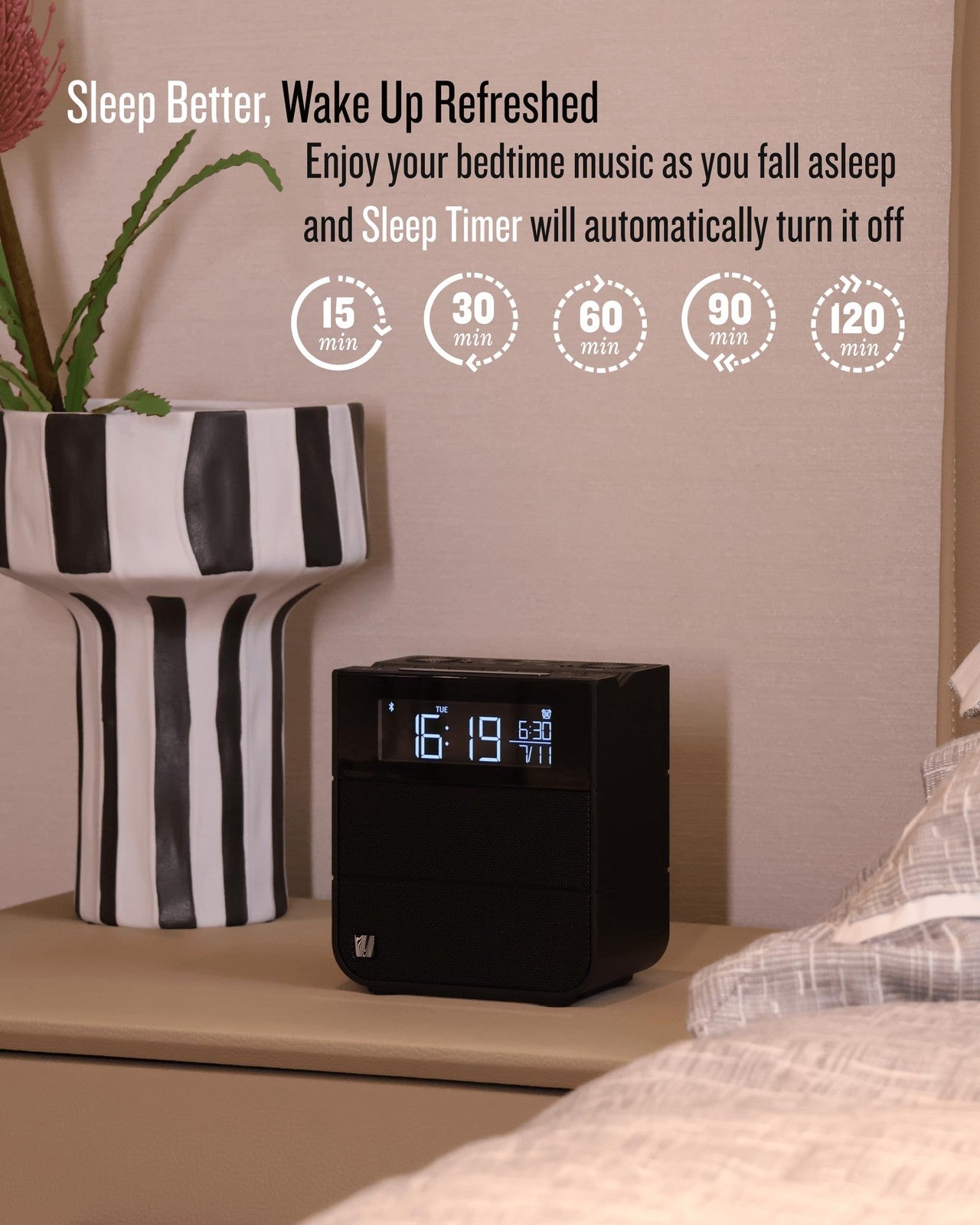 Soundfreaq Sound Rise II bedside alarm clock radio with Bluetooth speaker, digital display, and sleek design.