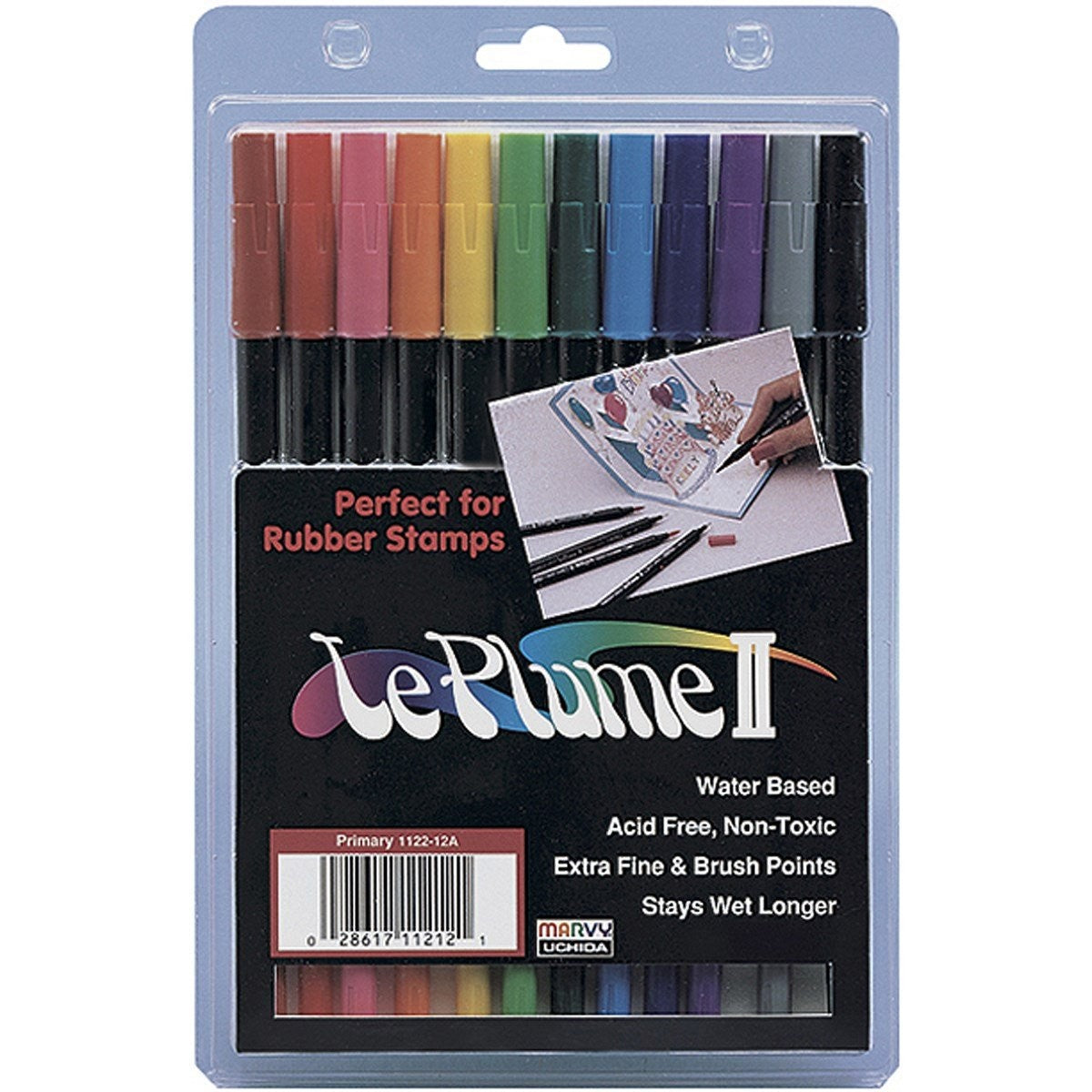 Marvy Uchida Le Plume II double-ended markers with brush tips in various vibrant ink colors, shown with caps and tips visible.