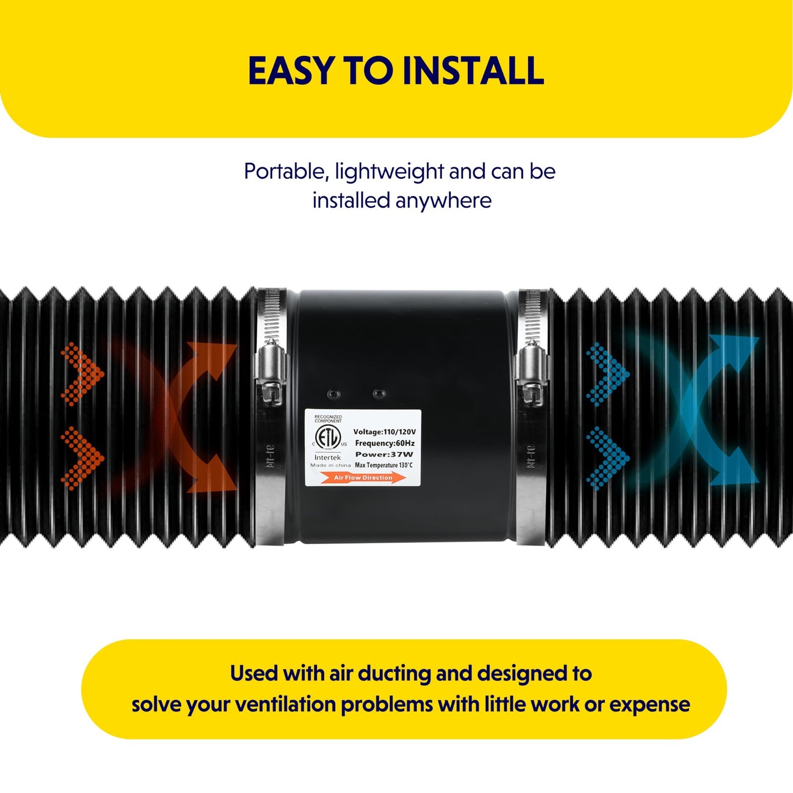 iPower 6-inch inline duct booster fan with speed control and 275 CFM exhaust airflow, mounted in ventilation duct.
