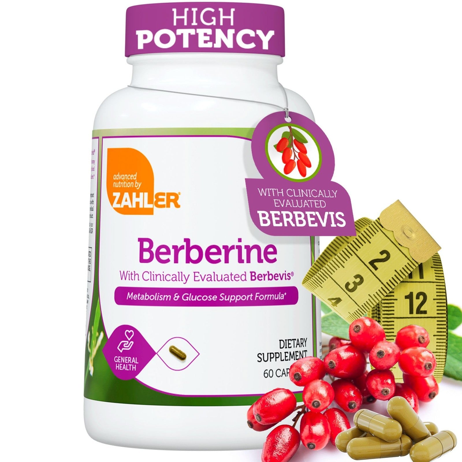 Zahler Berberine supplement bottle with label featuring Clinically Evaluated Berbevis, for metabolism and glucose support.