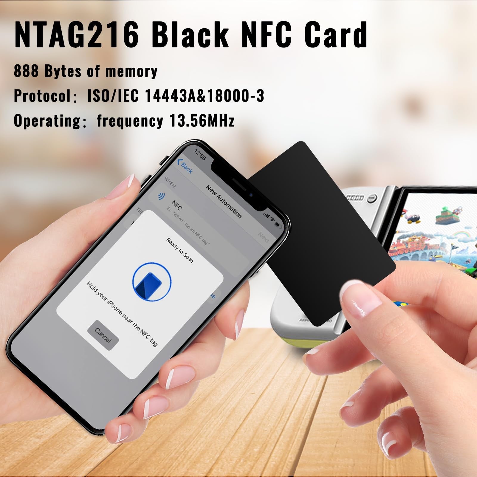Set of 10 black NTAG216 NFC cards by Timeskey NFC, each with 868 bytes memory, compatible with all NFC-enabled devices.