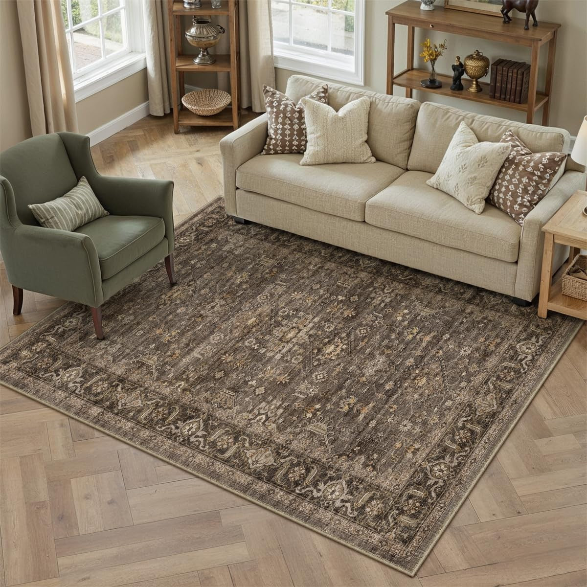 WondRg vintage brown washable 4x5 area rug with soft low pile, suitable for living room or bedroom decor.