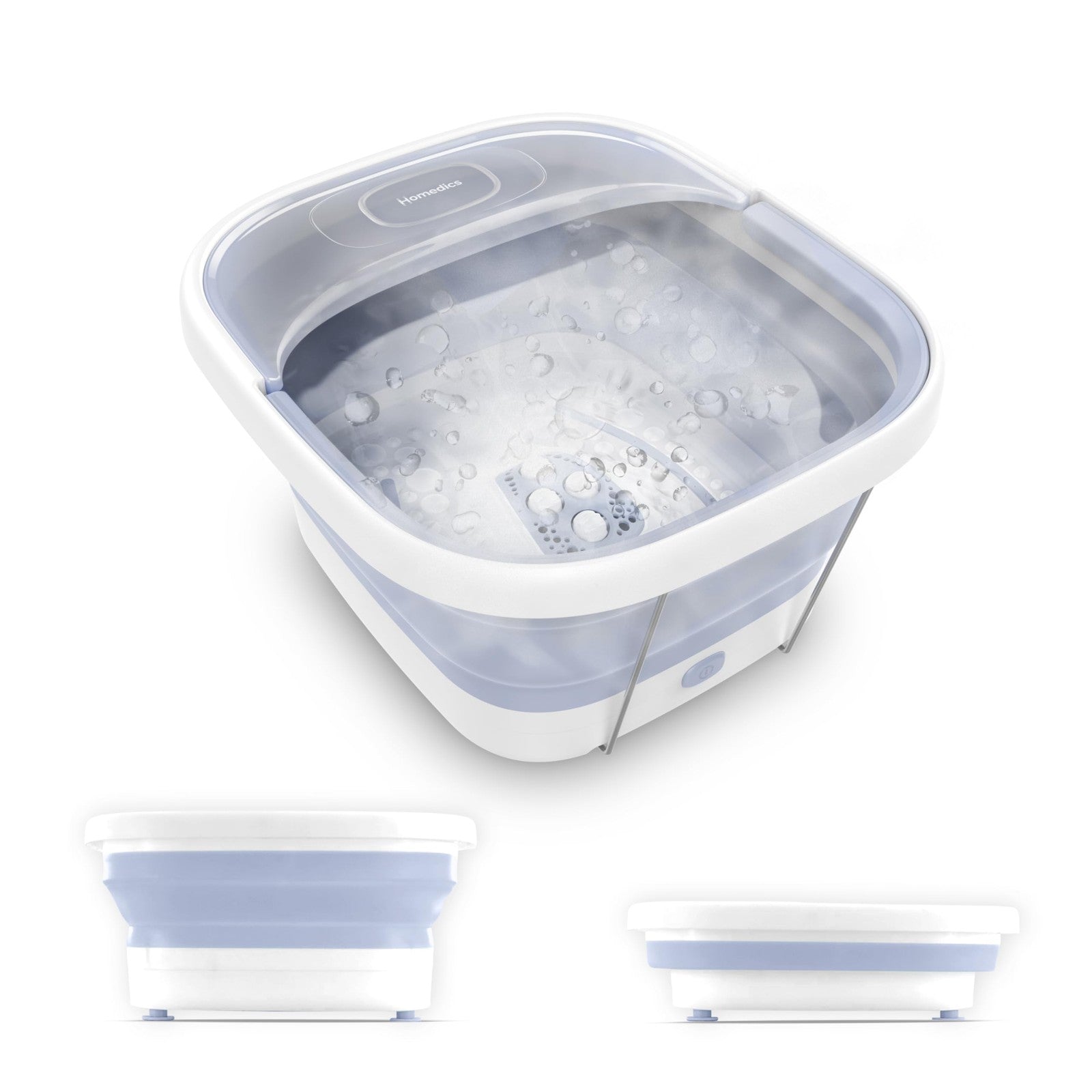 Homedics Smart Space Essential Collapsible Footbath with invigorating bubble massage, showing the compact, foldable design and bubble jets.