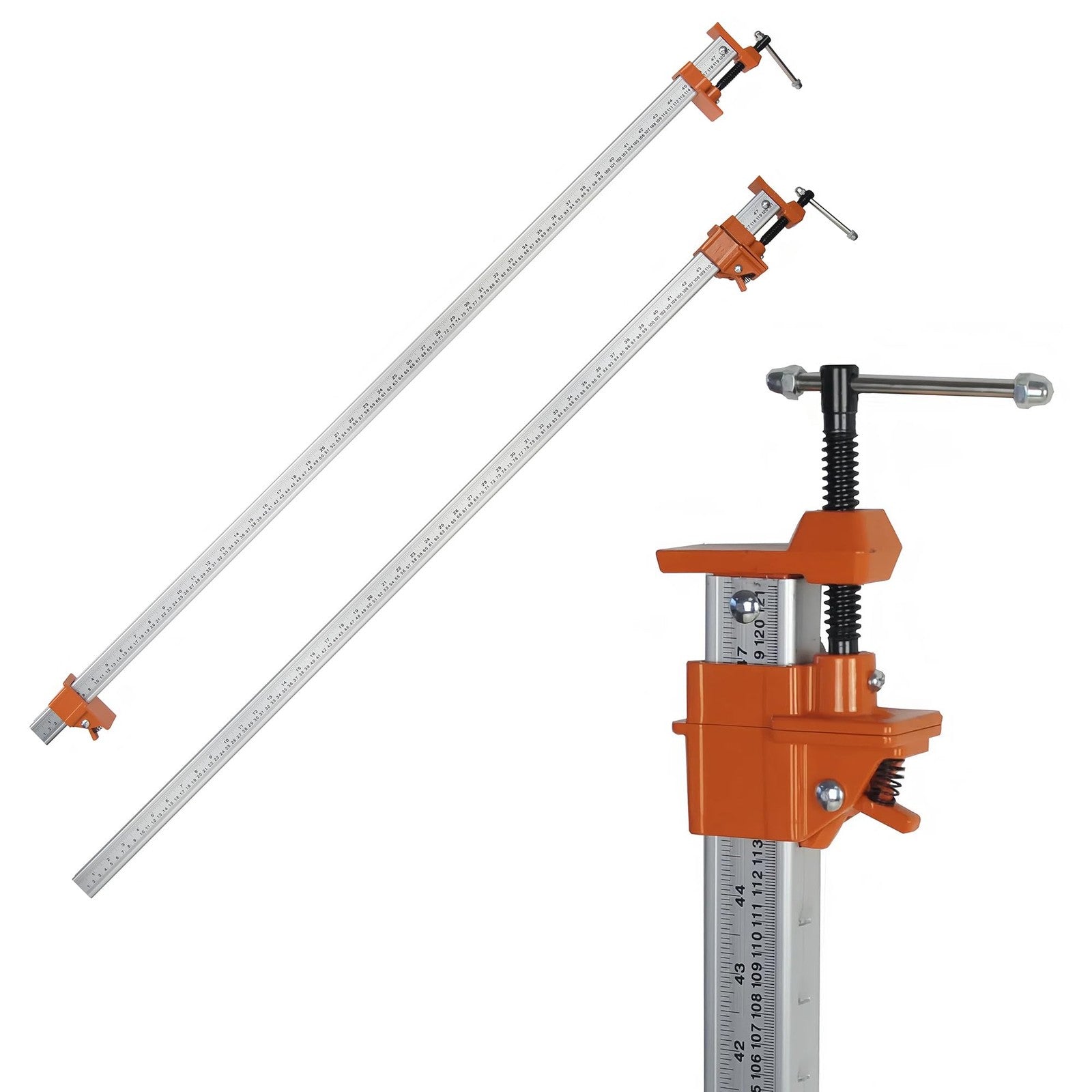 FEIRONG 48-inch bar clamps with 2-pack, 330lb load capacity, built-in ruler, shown in use for woodworking or clamping tasks.