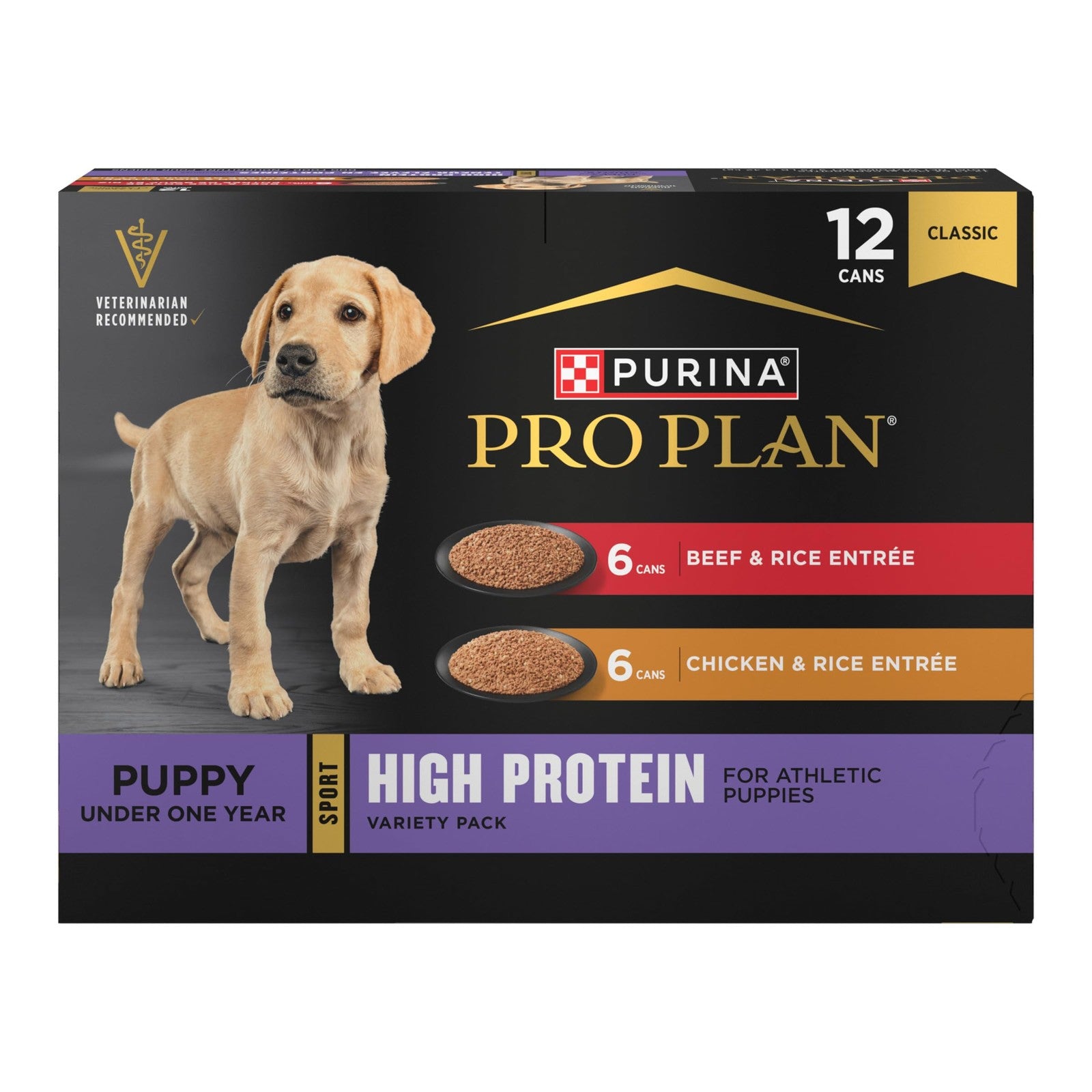 Purina Pro Plan Sport high protein wet puppy food with beef, rice, and chicken in a ready-to-serve serving tray.