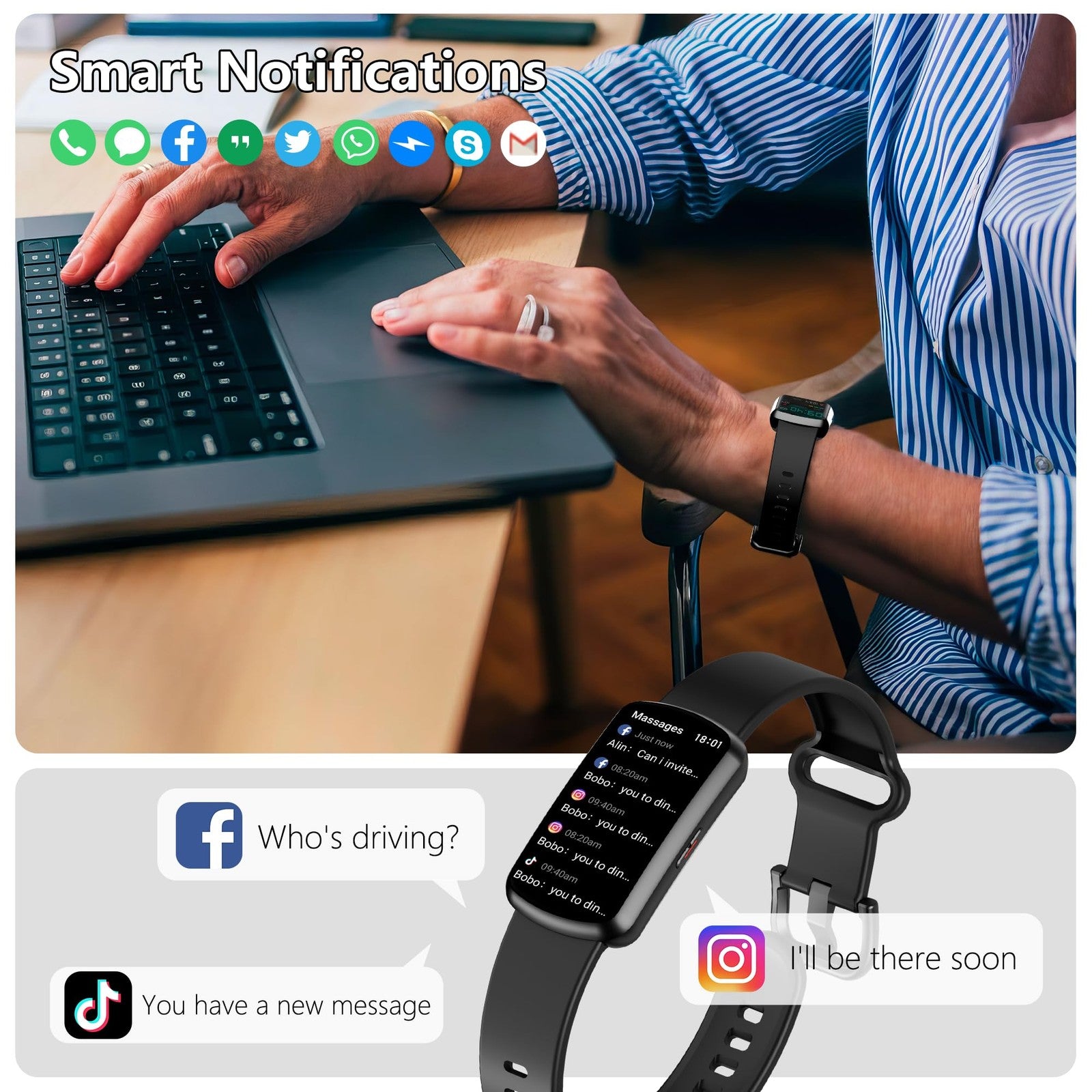 JYUAJOI health fitness tracker smartwatch displaying heart rate and blood pressure readings on a digital screen.