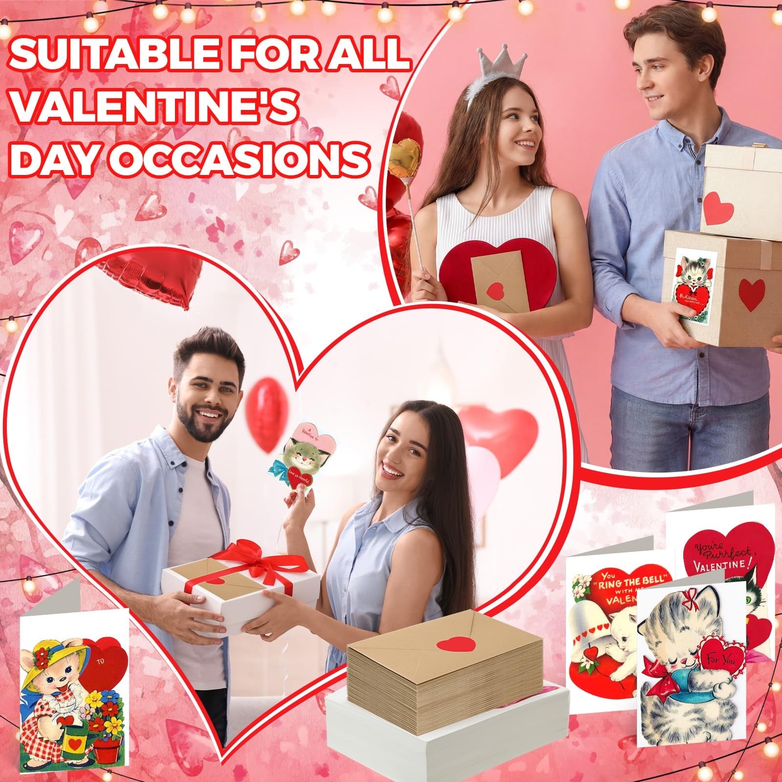 Tenceur vintage Valentine's Day cat card set with 10 red love-themed cards and envelopes, featuring adorable cat illustrations.