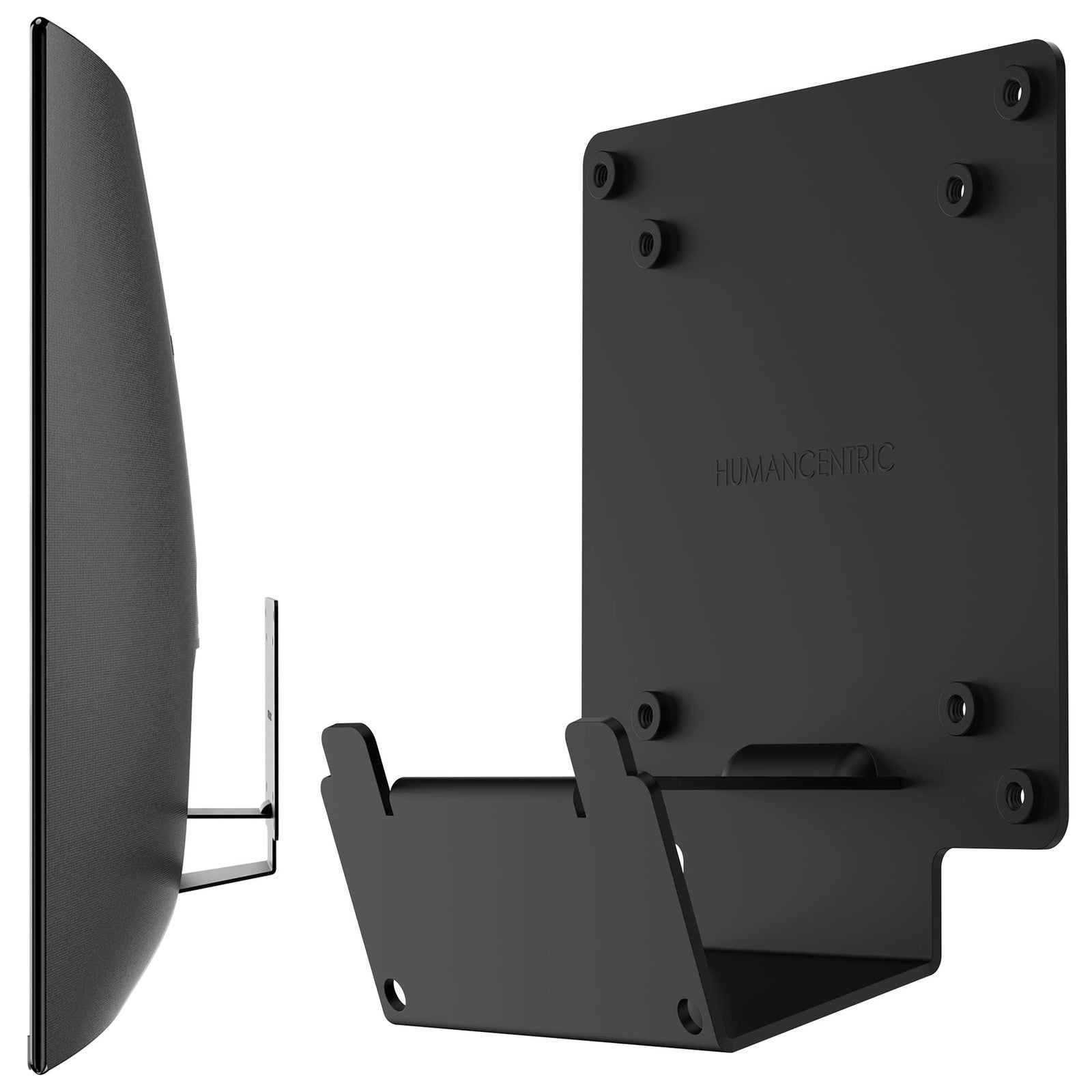 HumanCentric VESA mount adapter for Samsung U32R590 curved monitor, showing the compact metal bracket attached for wall mounting.
