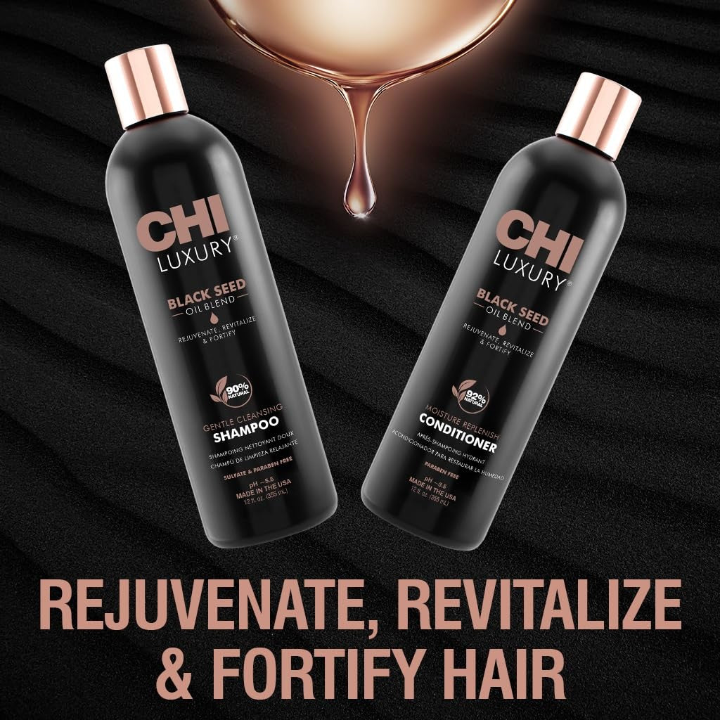 CHI luxury black seed oil blend gentle cleansing shampoo with moisture replenishment, shown in a sleek bottle with black and gold design.