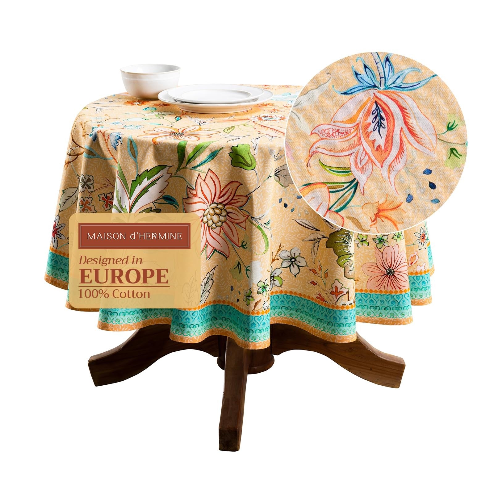 Maison d' Hermine round cotton tablecloth with floral pattern, 63-inch diameter, ideal for dining tables.