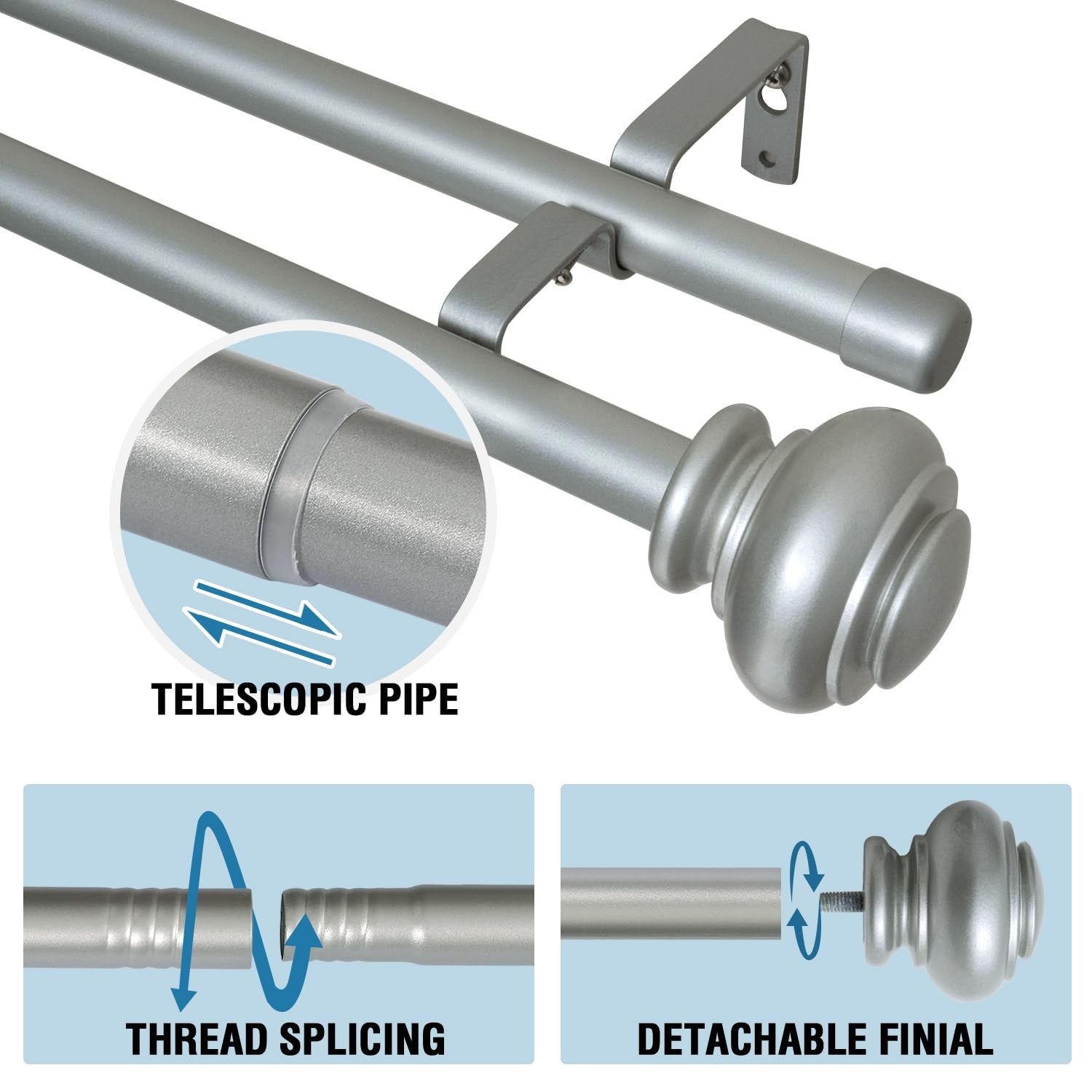 H.VERSAILTEX double curtain rods for windows, adjustable from 16.2 to 137.4 inches, 3/4 inch diameter, with mounting brackets