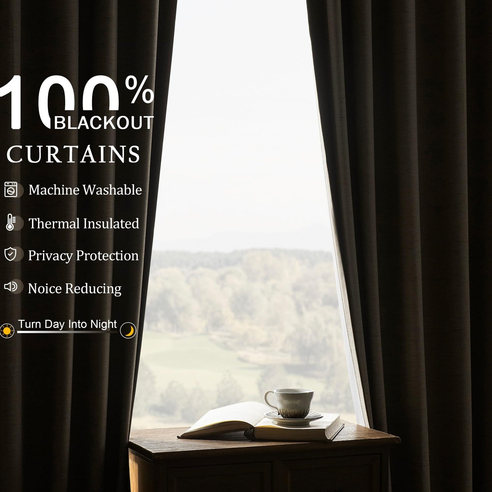 BSfullts blackout curtains in black linen, 102 inches, thermal insulated, room darkening, noise-reducing window drapes