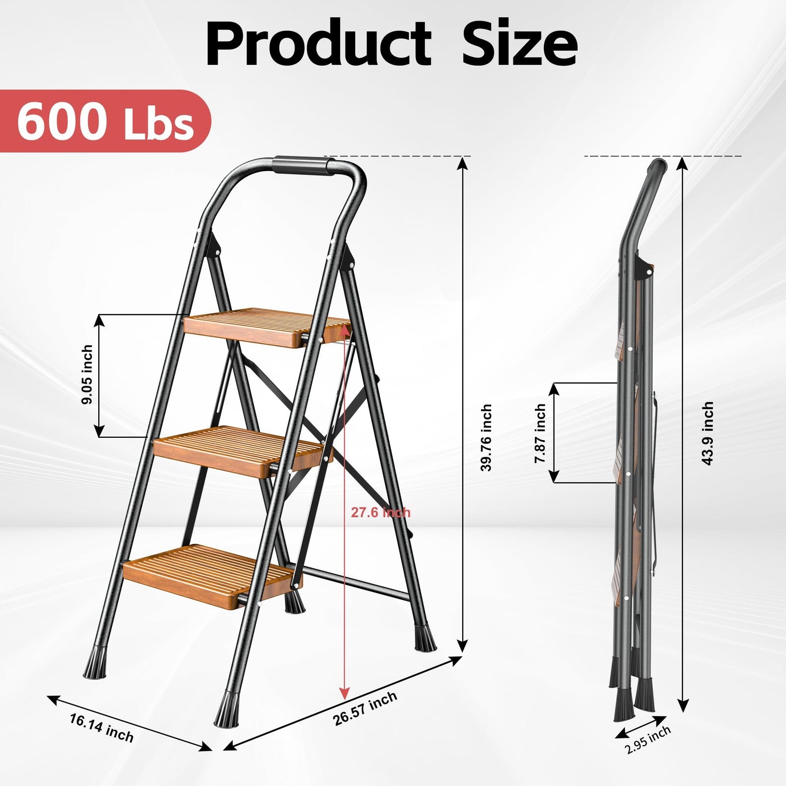 Foldable step ladder by DIAMONDFORGE with three steps, suitable for home, kitchen, and adult use, featuring a compact, extendable design.