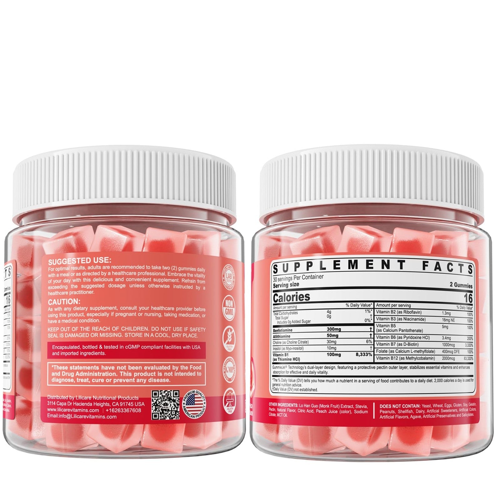 LILICARE Vitamin B1 and B Complex gummies featuring all B vitamins and benfotiamine, displayed in a colorful gummy form.