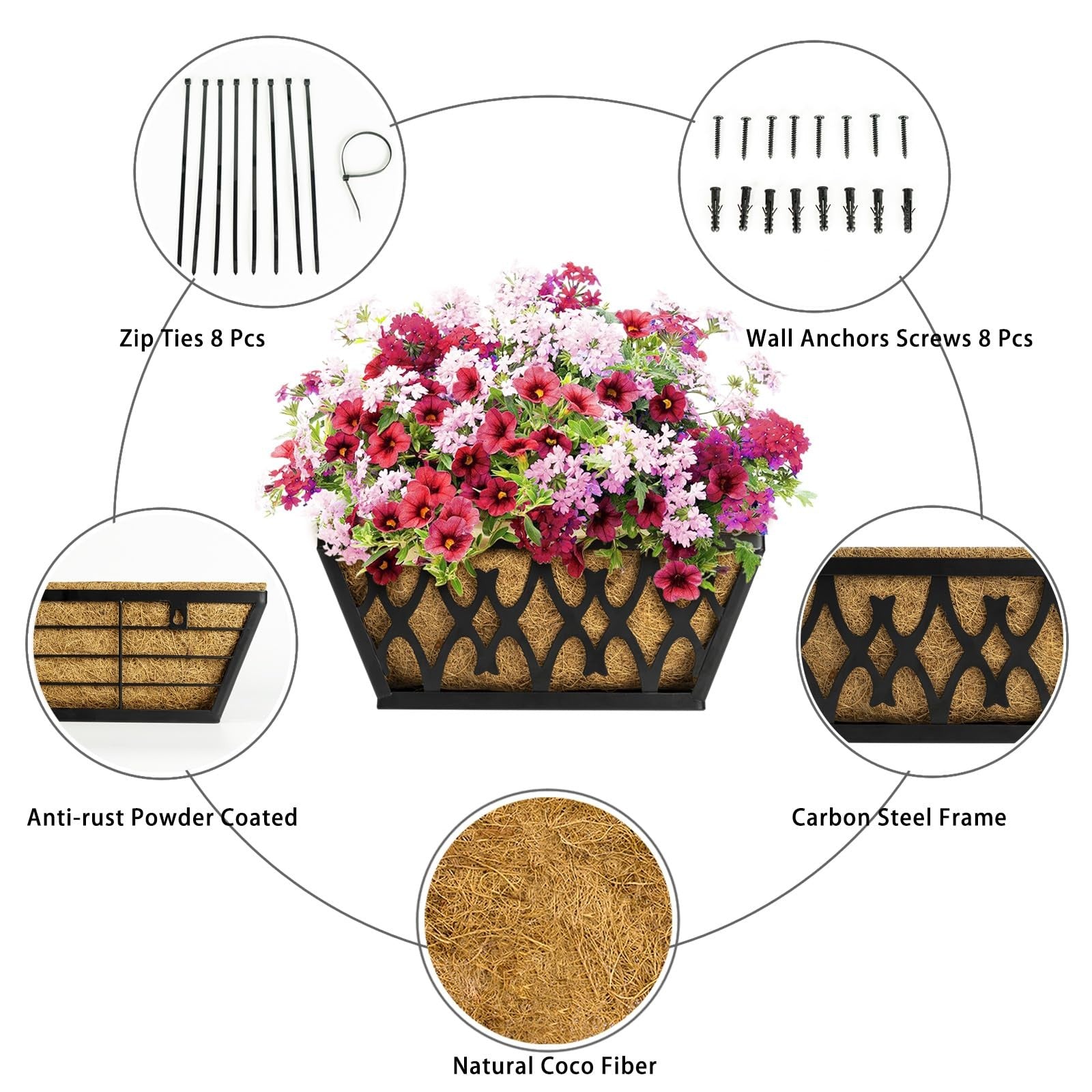 Karlliu 4-pack 14-inch outdoor hanging window/railing planter boxes with coco liners, shown with plants and hanging from a balcony railing