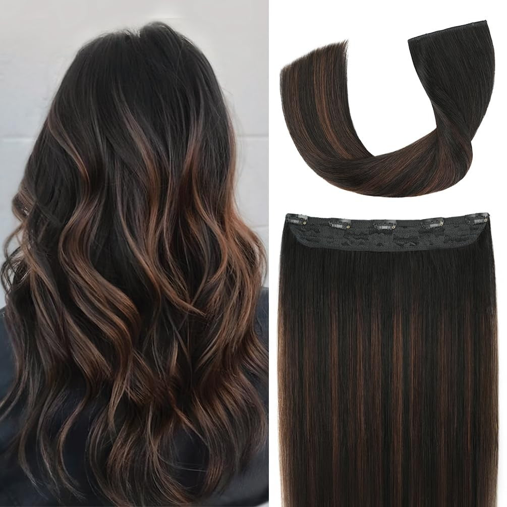 Winsky brown balayage real human hair clip-in extensions, 16 inches long, with 70g weight, showcasing natural hair color and texture.