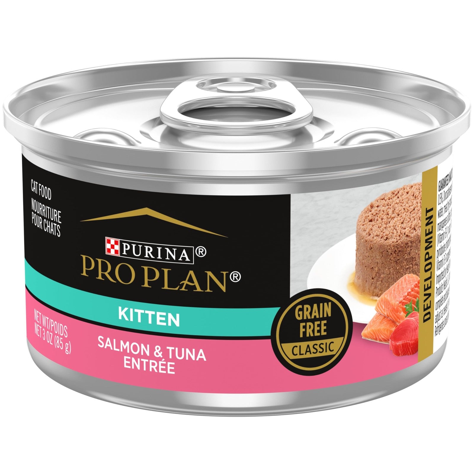 Canned Purina Pro Plan Grain Free High Protein Wet Kitten Food Pate with salmon, suitable for kitten development.