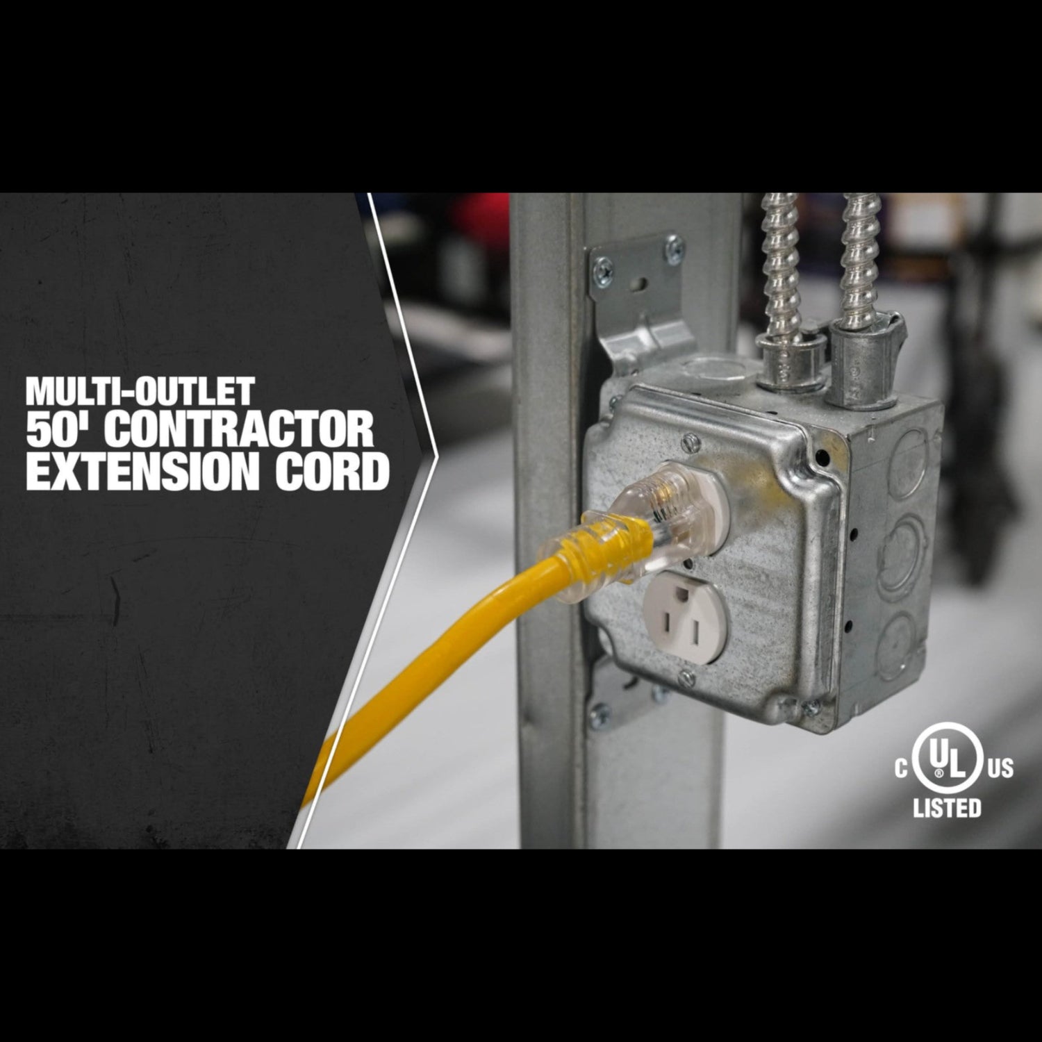 Southwire 12/3 multi-outlet vinyl extension cord, 50ft yellow with lighted end for outdoor or indoor use.