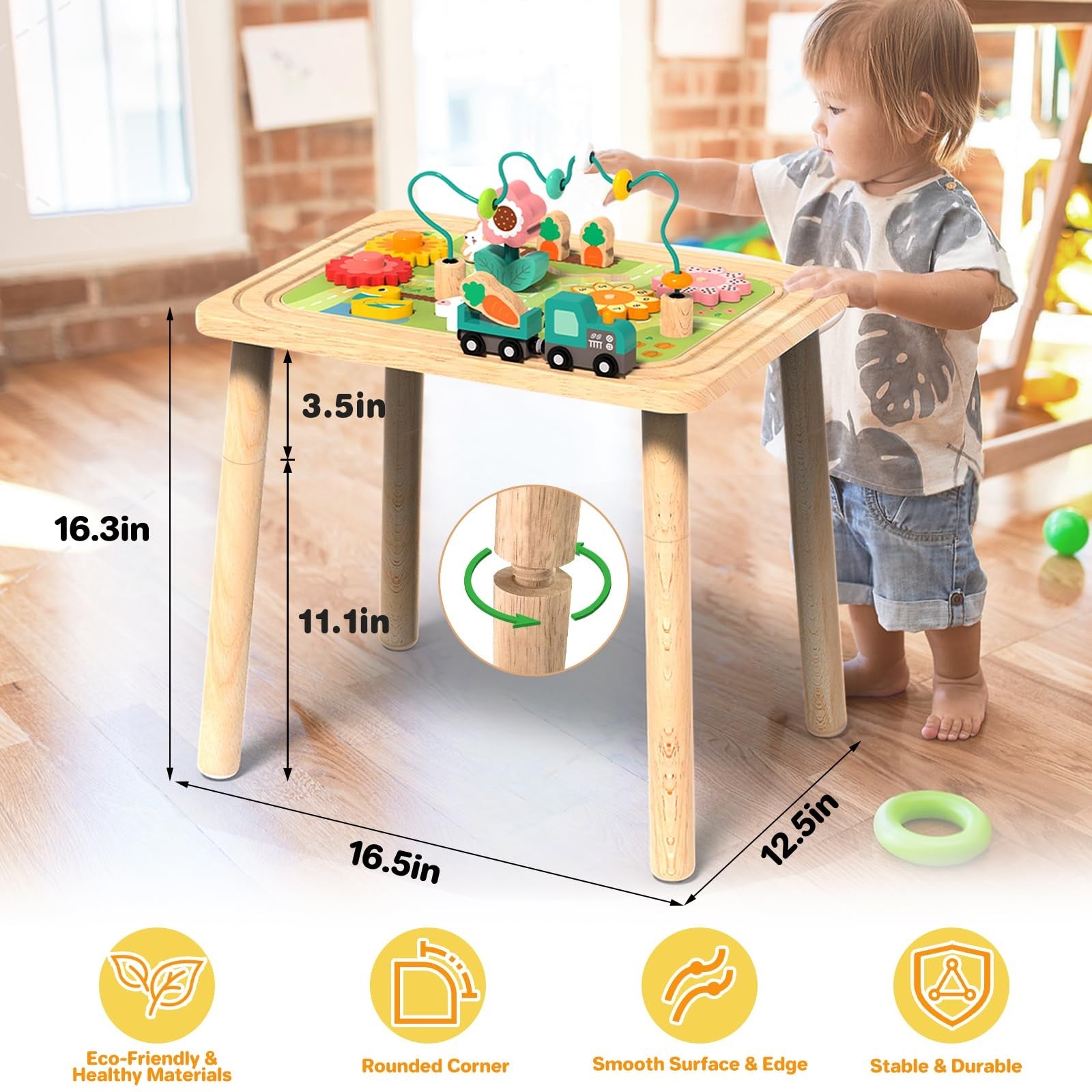 Wiqins 3-in-1 baby activity table for toddlers 6-36 months, wooden activity center with colorful interactive toys and learning features.