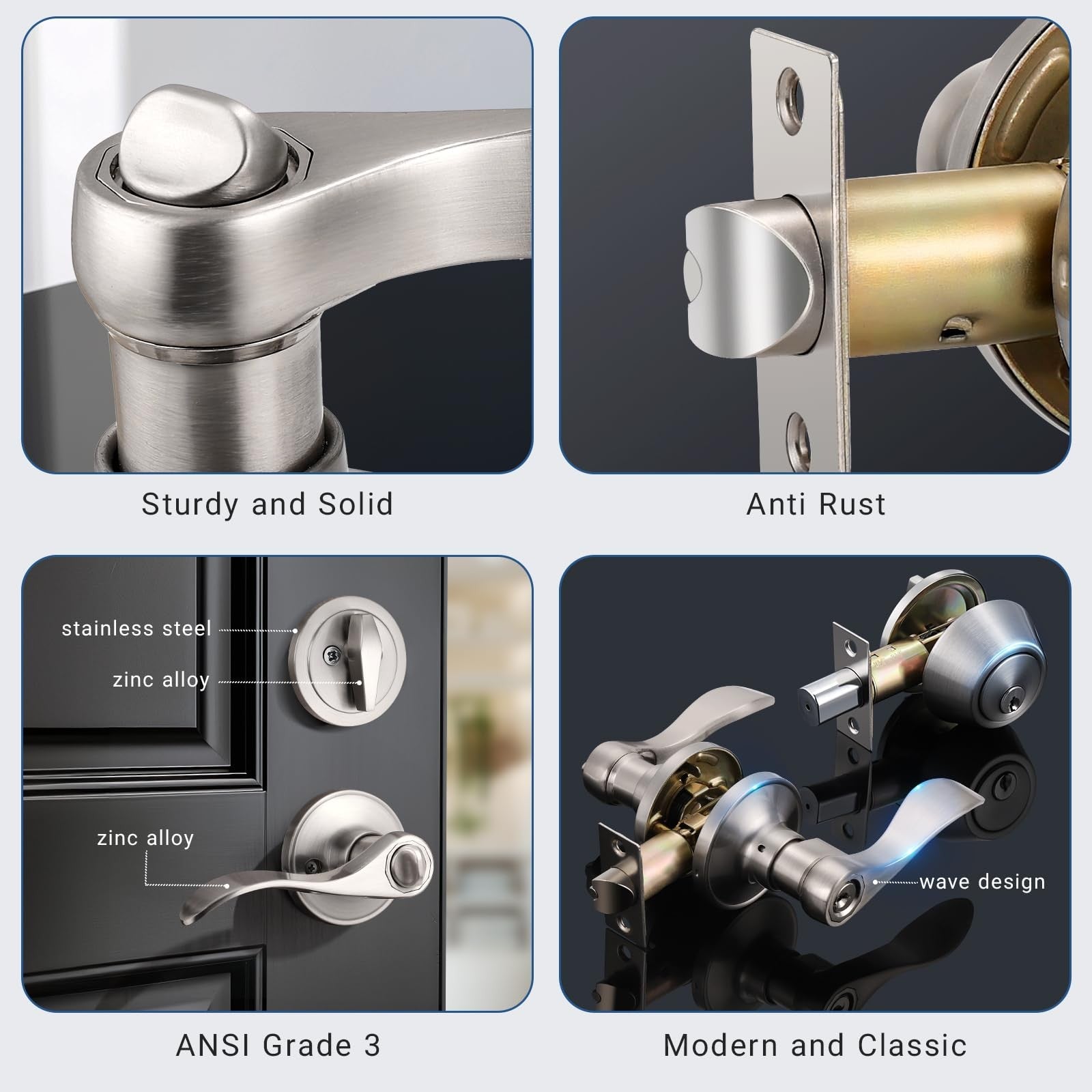 Knobonly keyed alike front door handle set with single cylinder deadbolt, featuring a satin finish and secure locking mechanism.