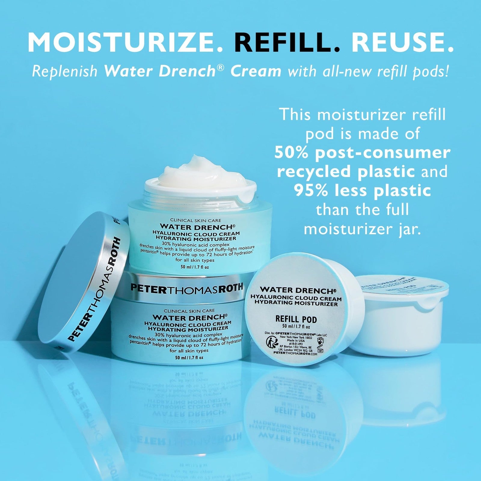 Peter Thomas Roth Water Drench Hyaluronic Cloud Cream moisturizer jar with blue and white packaging on a white background