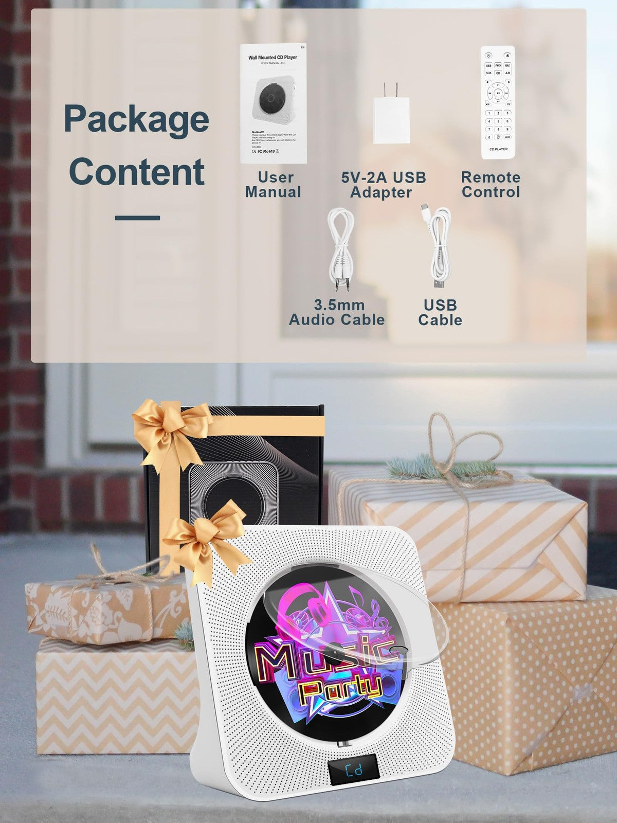 Jimwey portable CD player with Bluetooth, HiFi speakers, FM radio, USB, and AUX in white, showing controls and display screen.