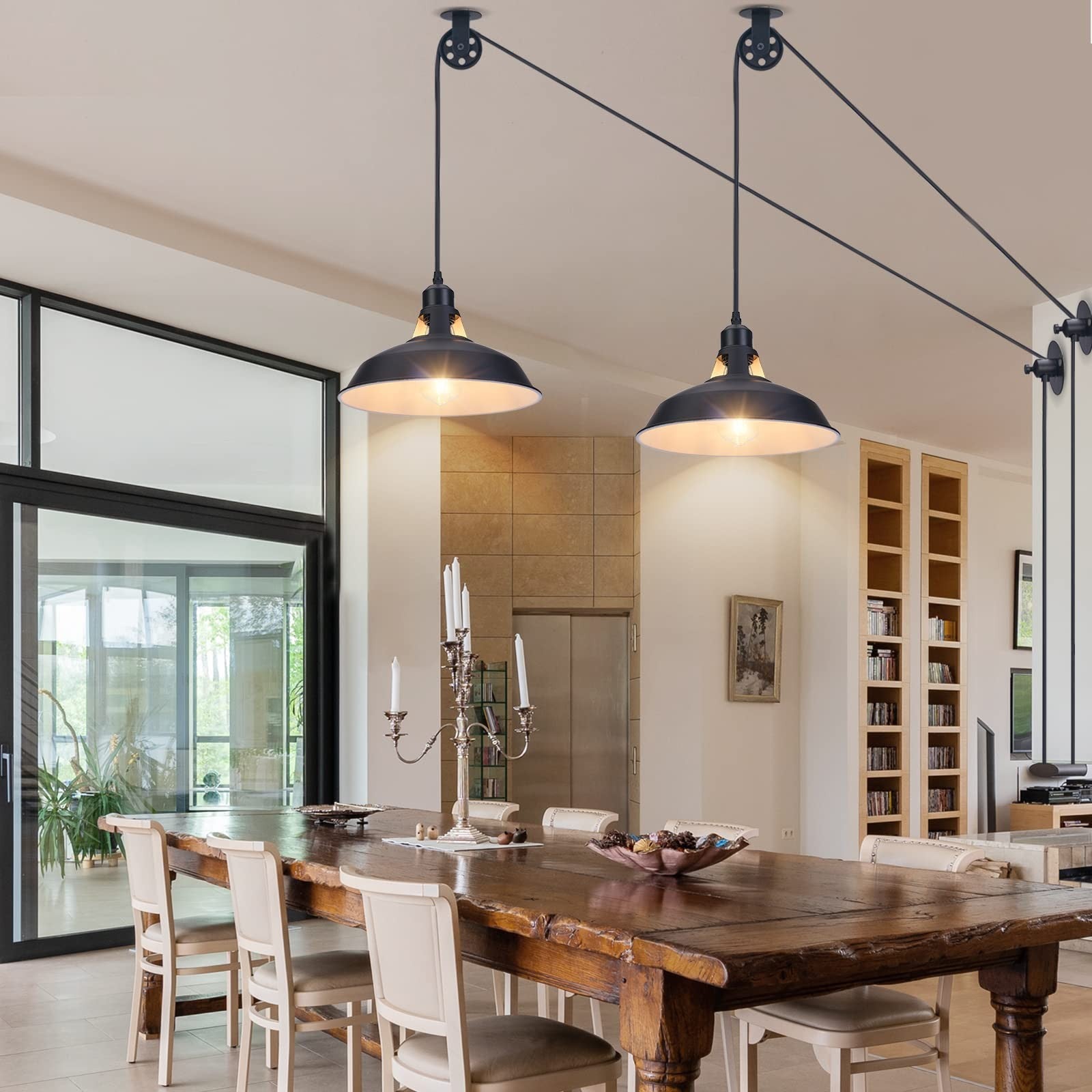 Lomoky industrial plug-in pulley pendant light with 14.76ft cord and on/off switch, hanging from a ceiling fixture.