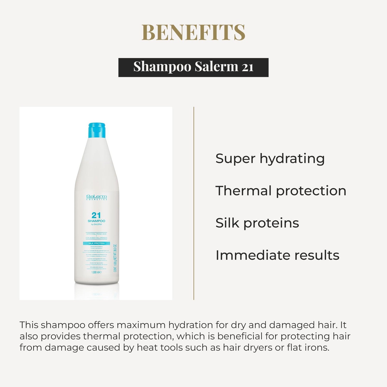 Salerm Hydrating Shampoo 21 Silk Protein bottle for dry and damaged hair, 1000 ml size, with clear label and pump dispenser.