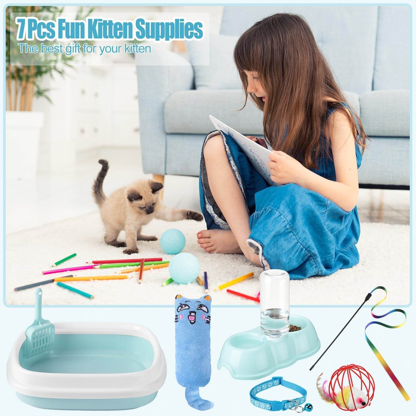 7 pcs small kitten starter kit with blue litter box, scoop, mat, bowl, toys, and collar by Tioncy