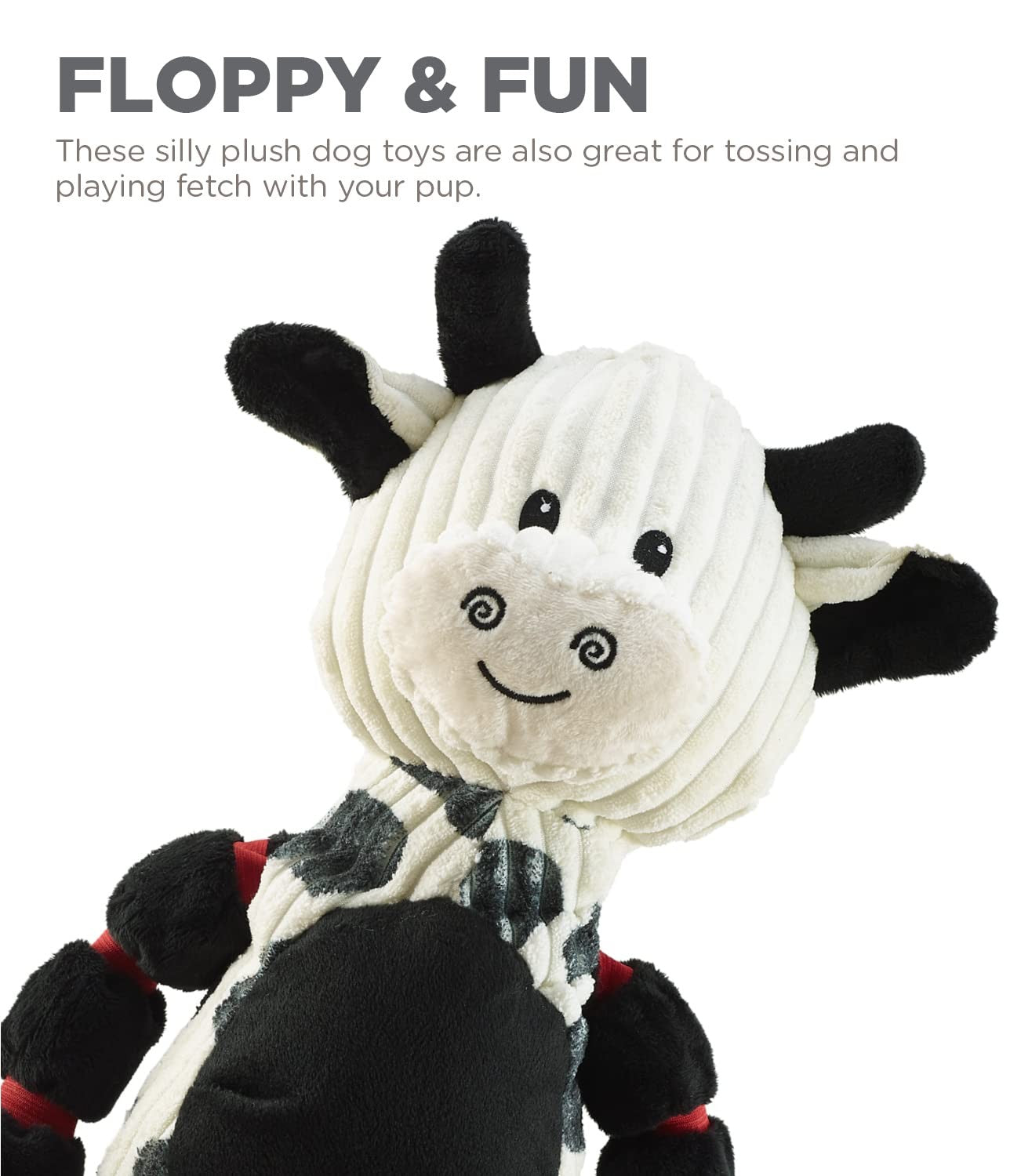 Outward Hound Charming Pet Thunda Tugga Cow plush dog toy with squeaker, showing a soft, stuffed cow design for tugging and play.